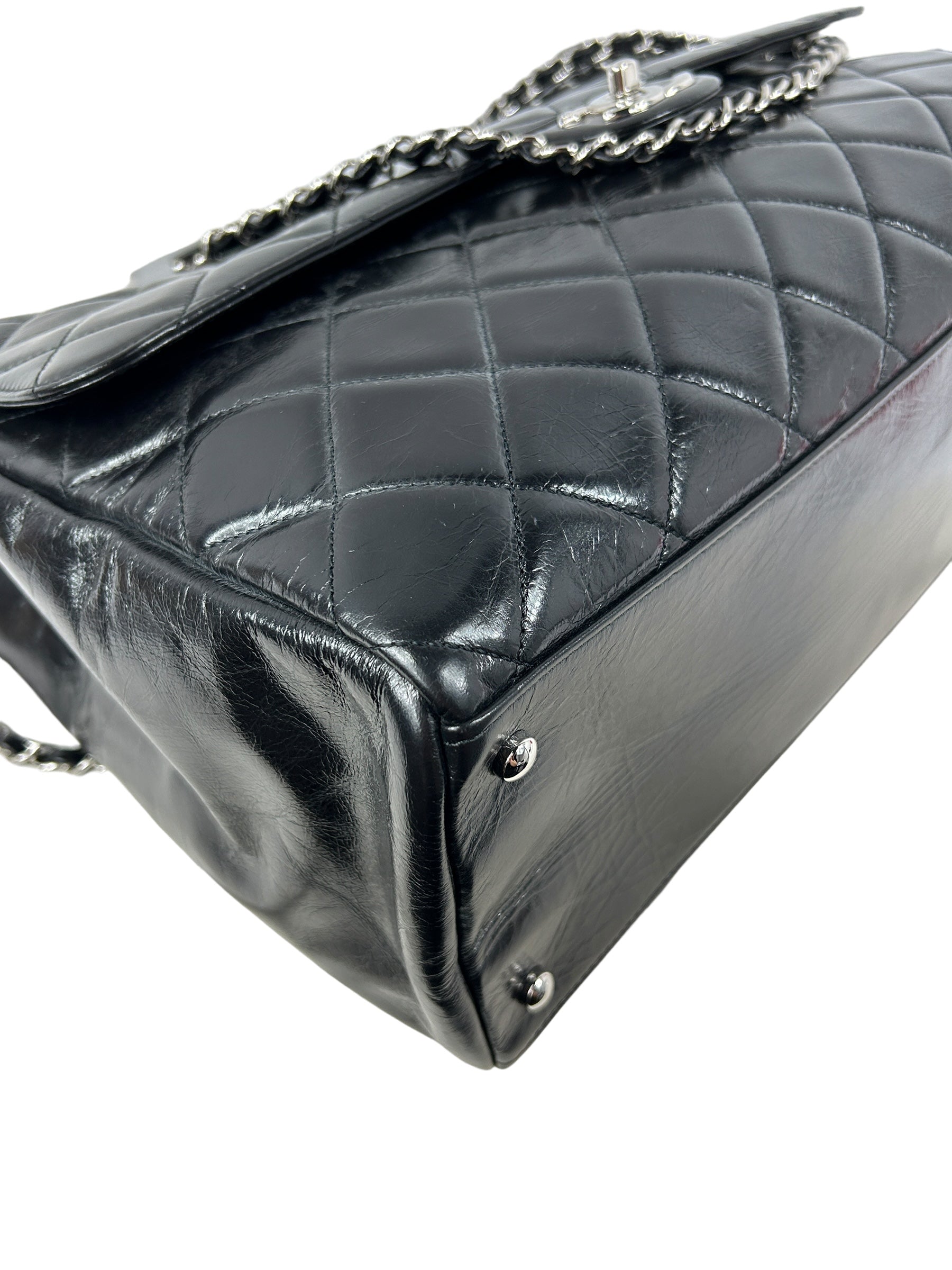 Black Quilted Glazed Calfskin Leather Supermarket Large CC Delivery Tote W/SHW