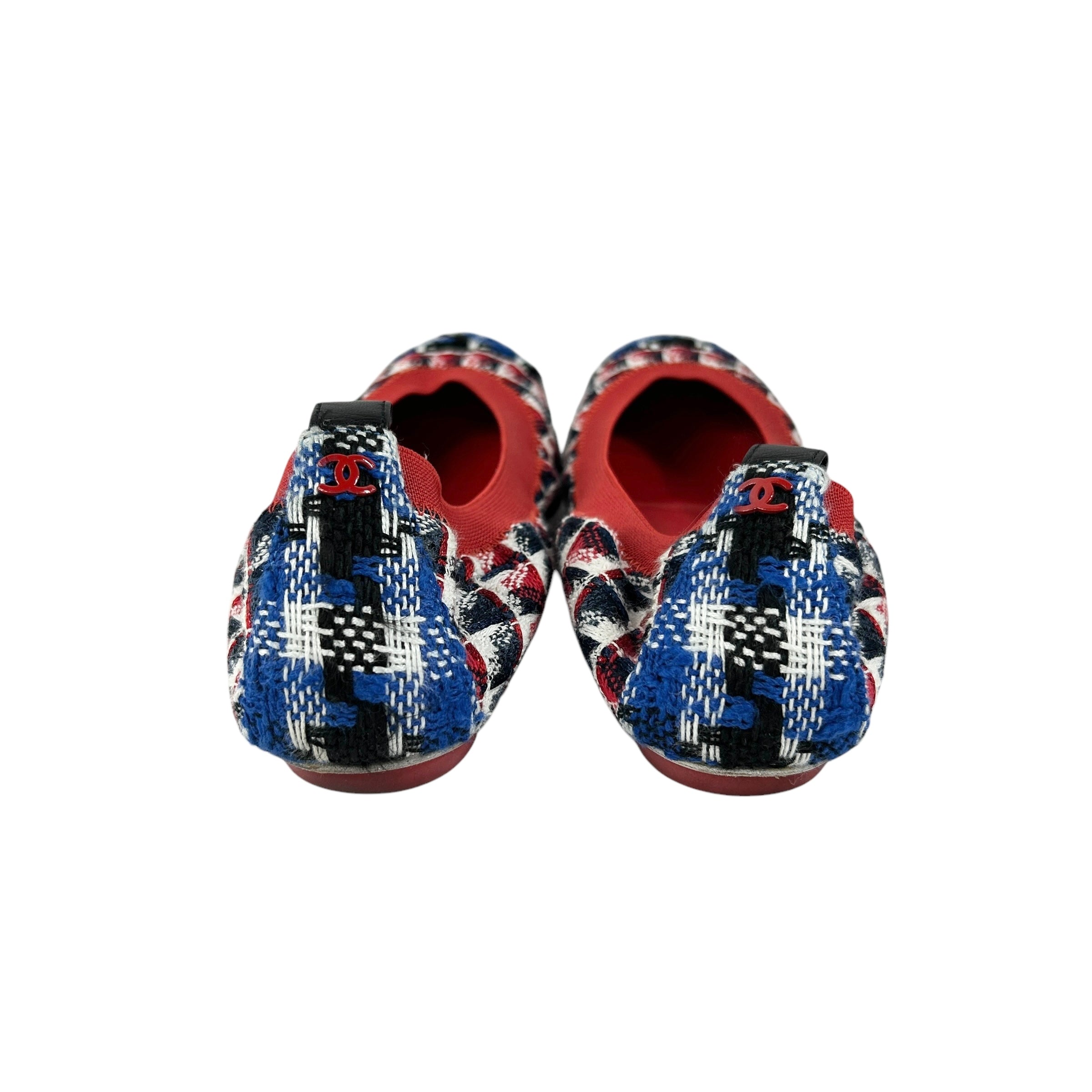 Blue/Red/White/Black Tweed Elastic Heel Ballet Flats