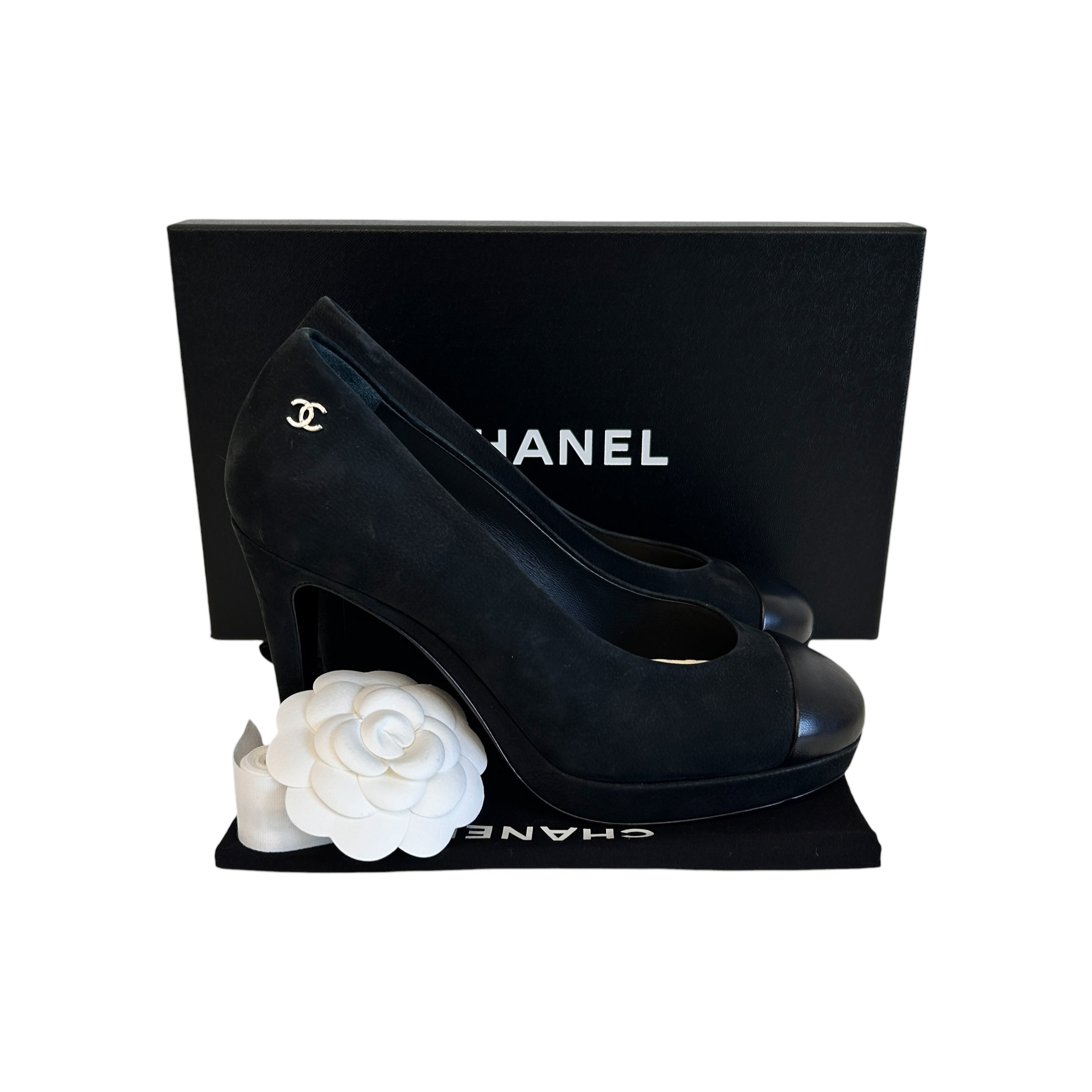 Black Suede/Leather Toe Cap Pumps - Haute Classics