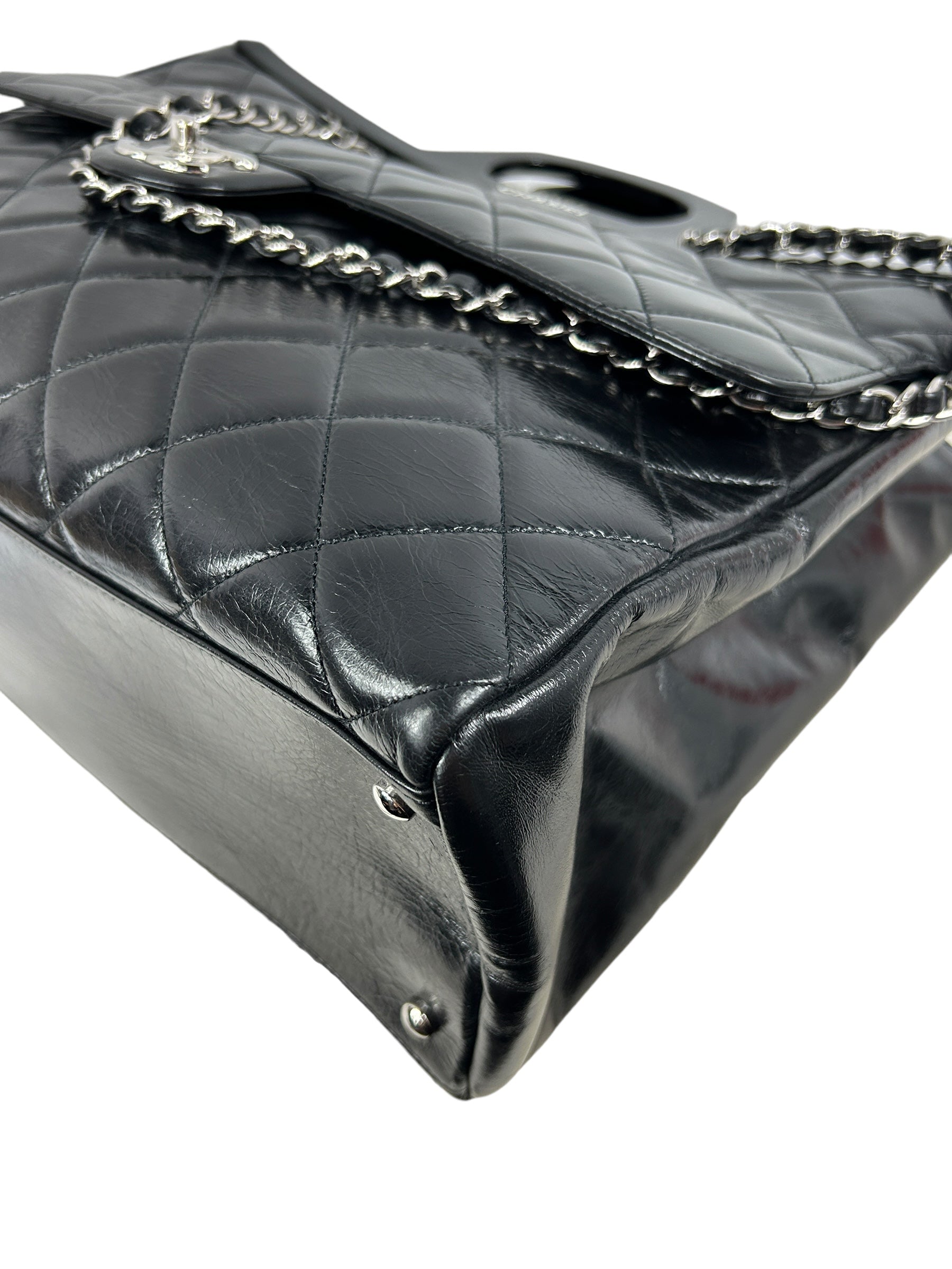 Black Quilted Glazed Calfskin Leather Supermarket Large CC Delivery Tote W/SHW