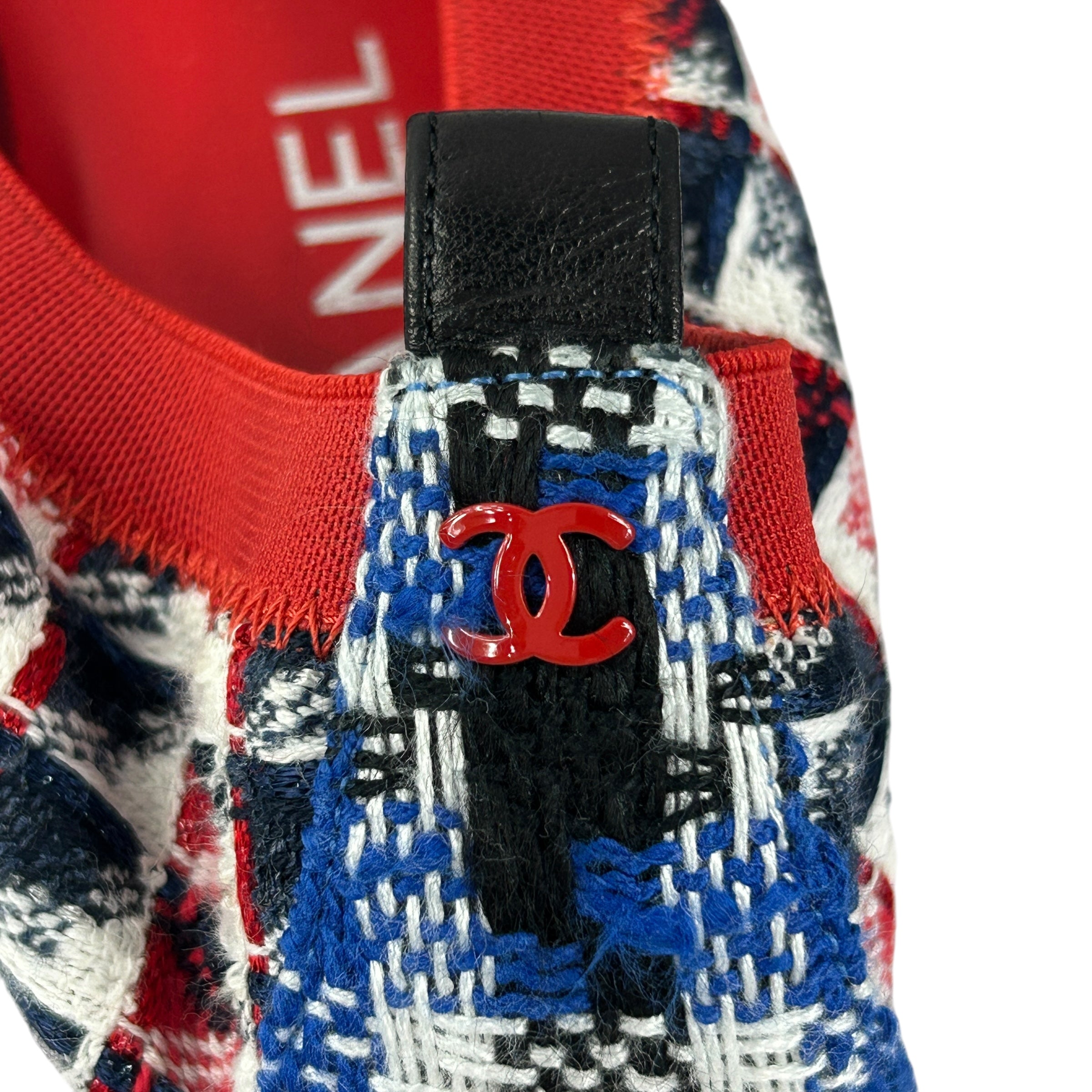 Blue/Red/White/Black Tweed Elastic Heel Ballet Flats