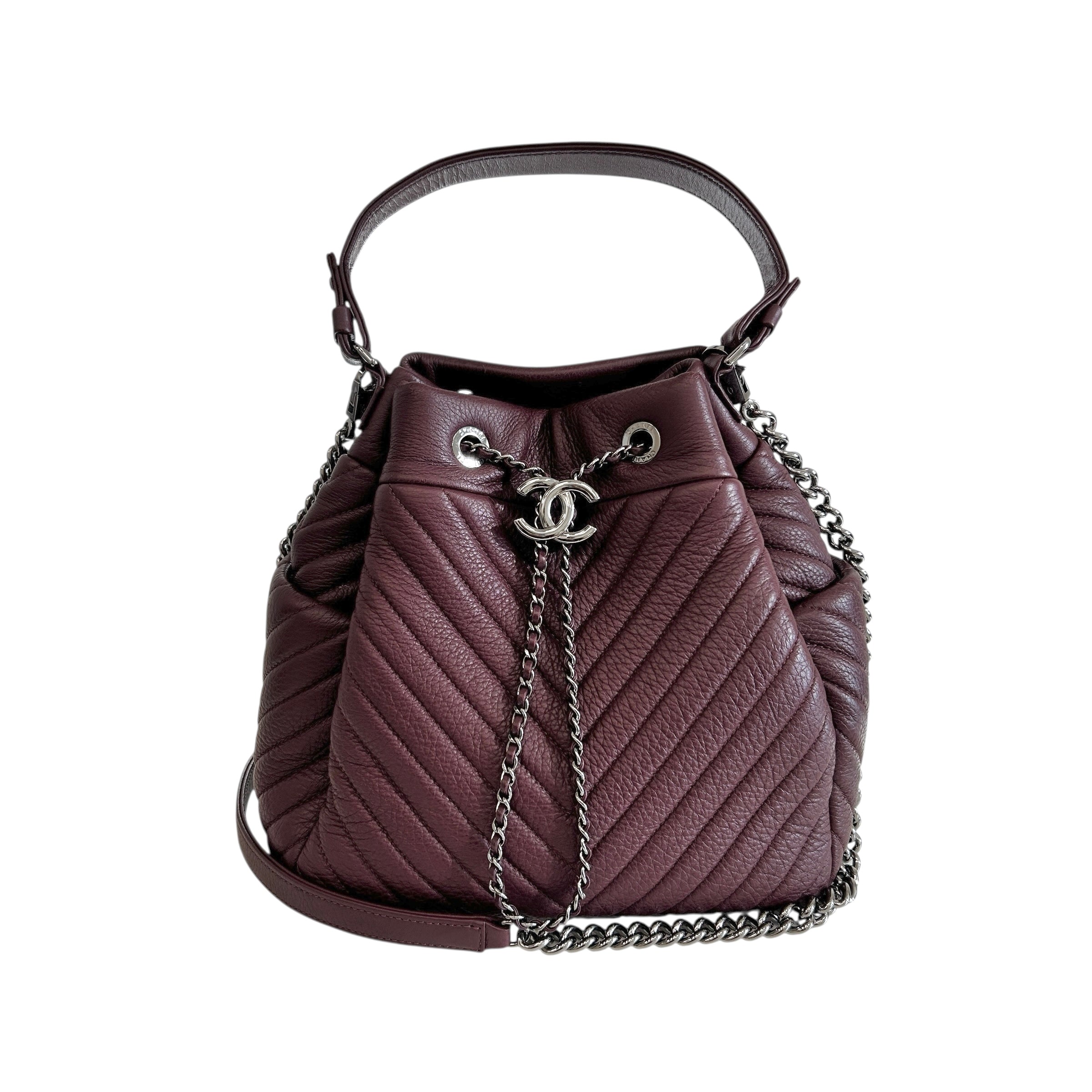 Burgundy Deerskin Small Chain Bucket Bag w/SHW