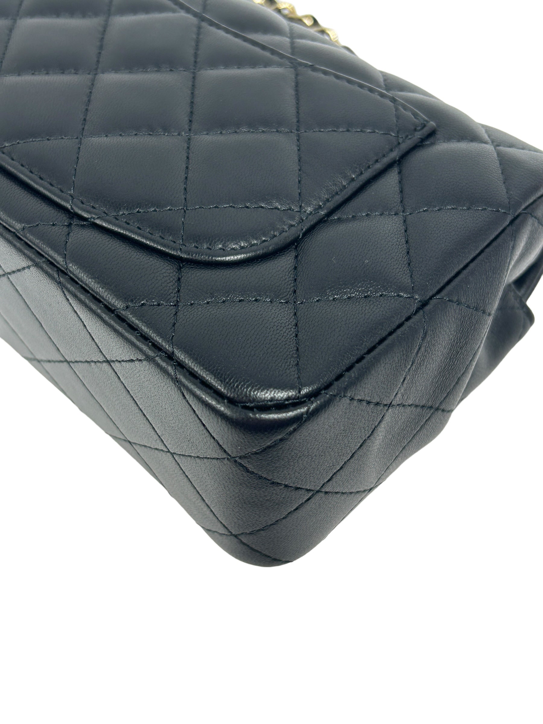 Black Lambskin Quilted Single Mini Rectangle Flap Bag w/ LGHW