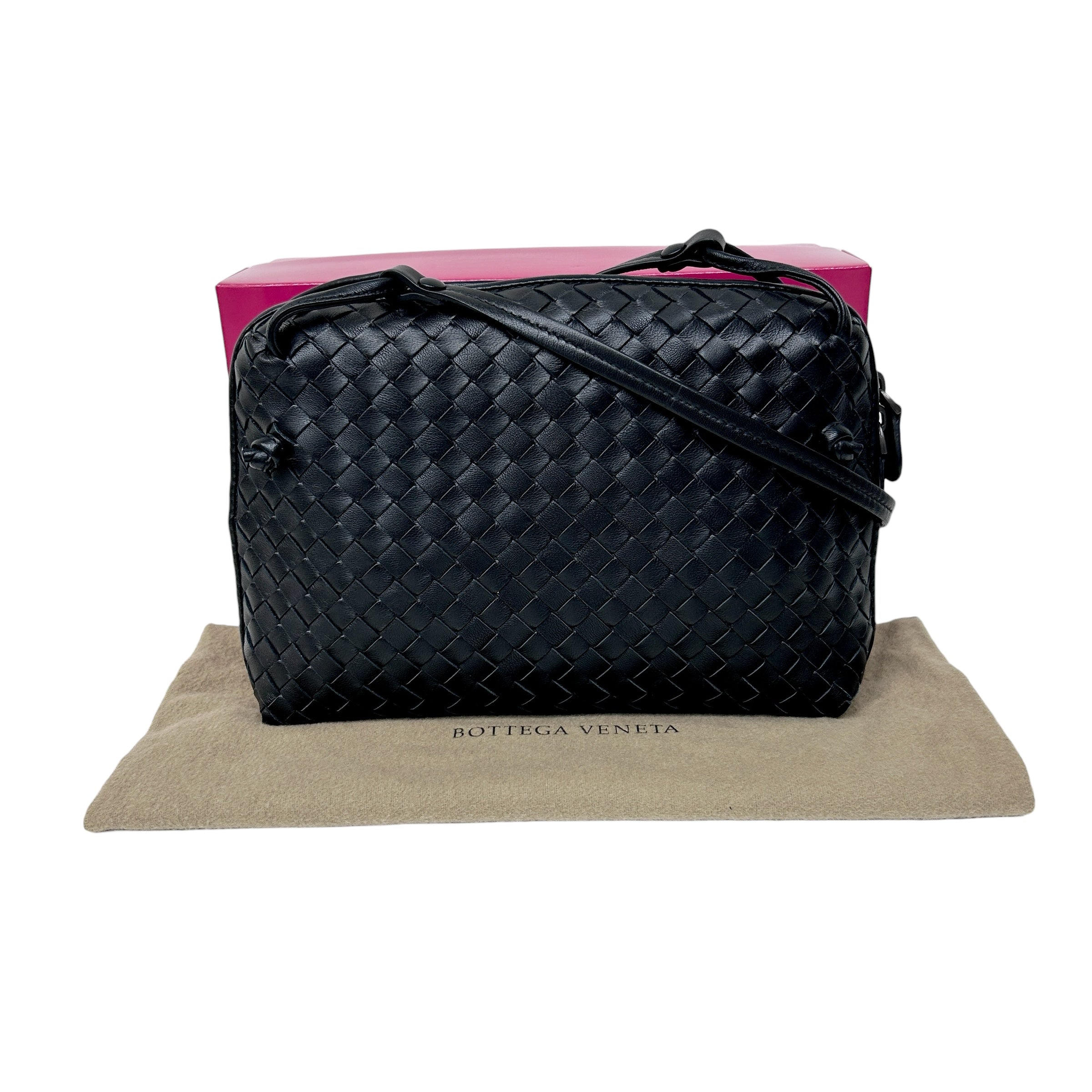 Black Intrecciato Woven Nappa Leather Nodini Crossbody Bag w/Gunmetal HW