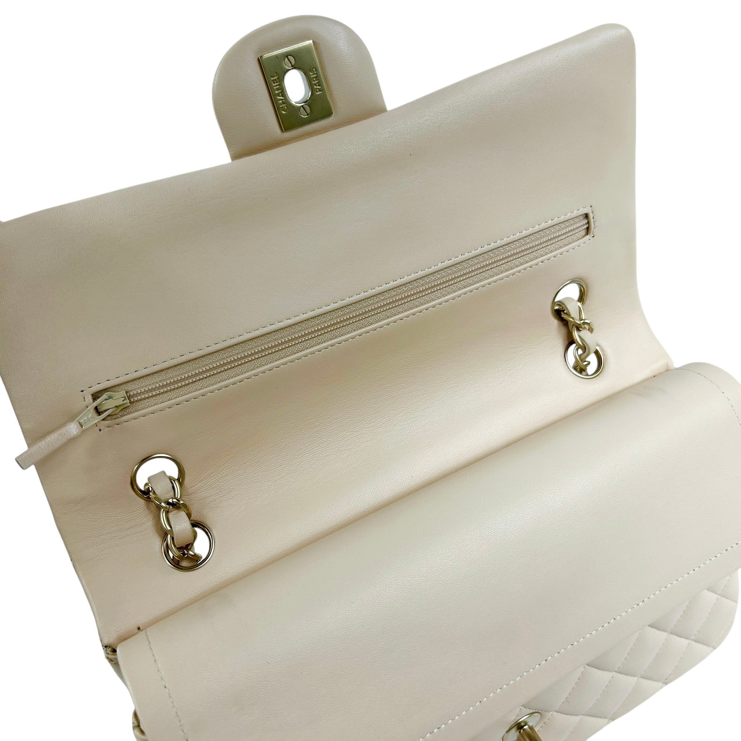 Light Beige Quilted Lambskin Medium Double Flap w/ Brushed GHW
