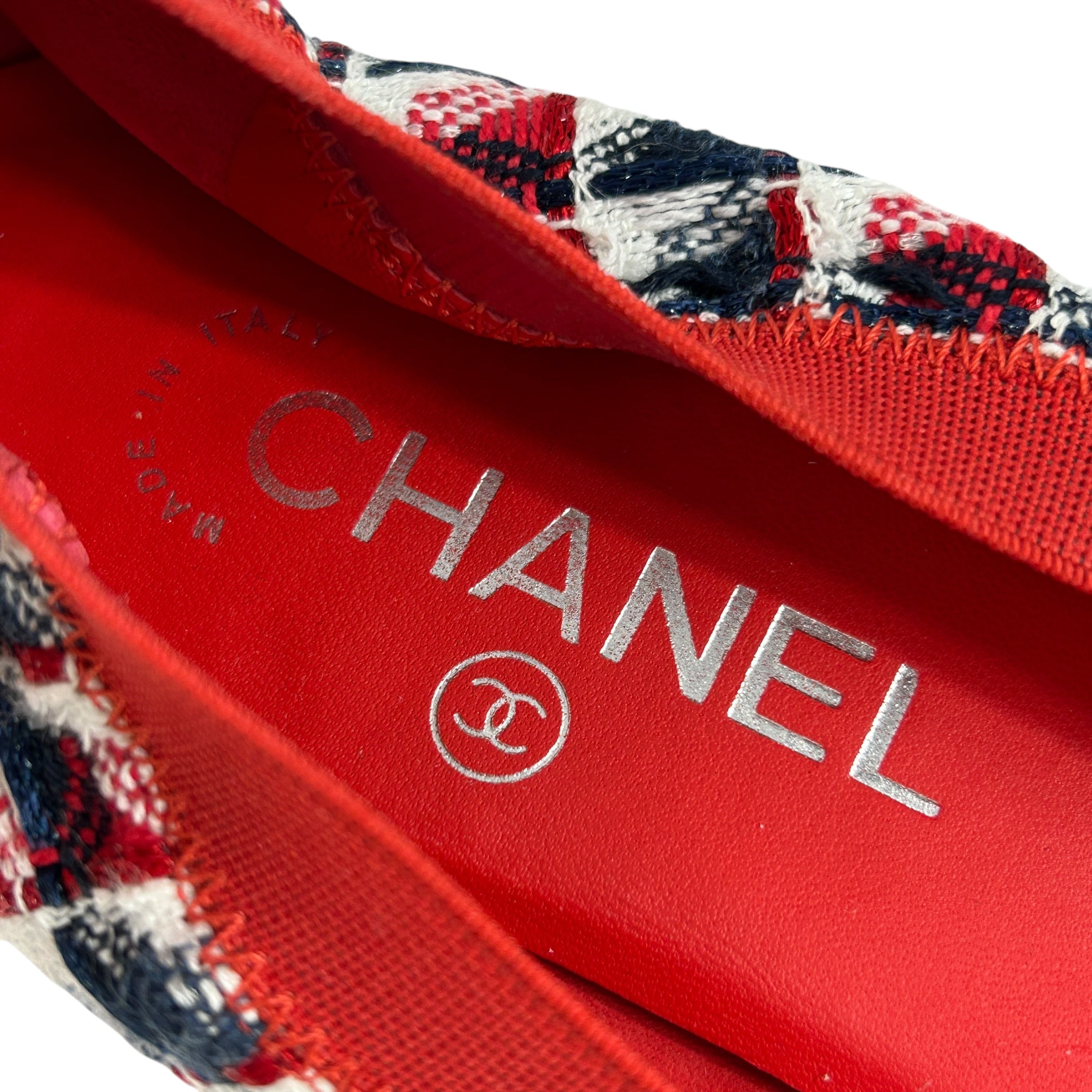 Blue/Red/White/Black Tweed Elastic Heel Ballet Flats