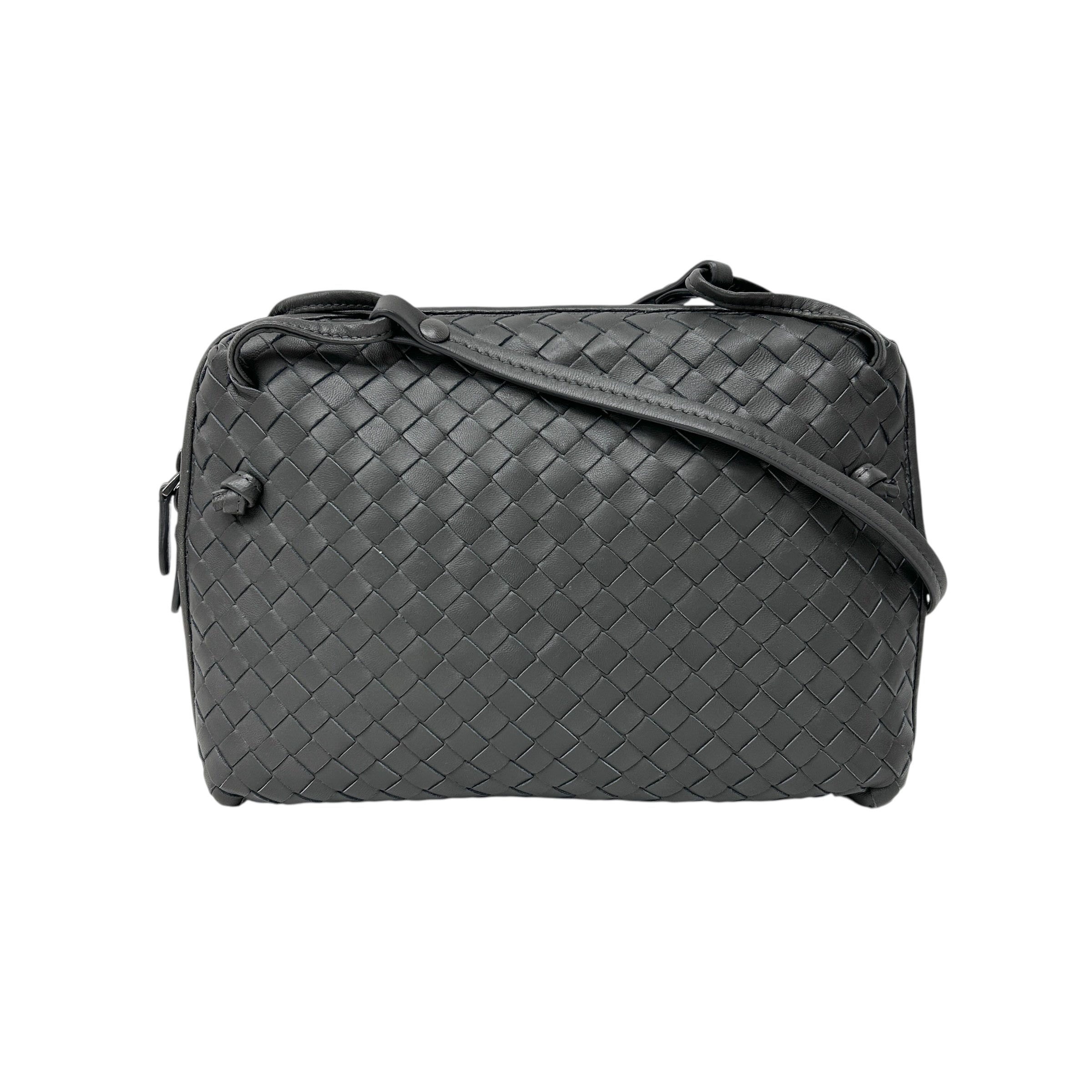 Grey Intrecciato Woven Nappa Leather Nodini Crossbody Bag w/Gunmetal HW