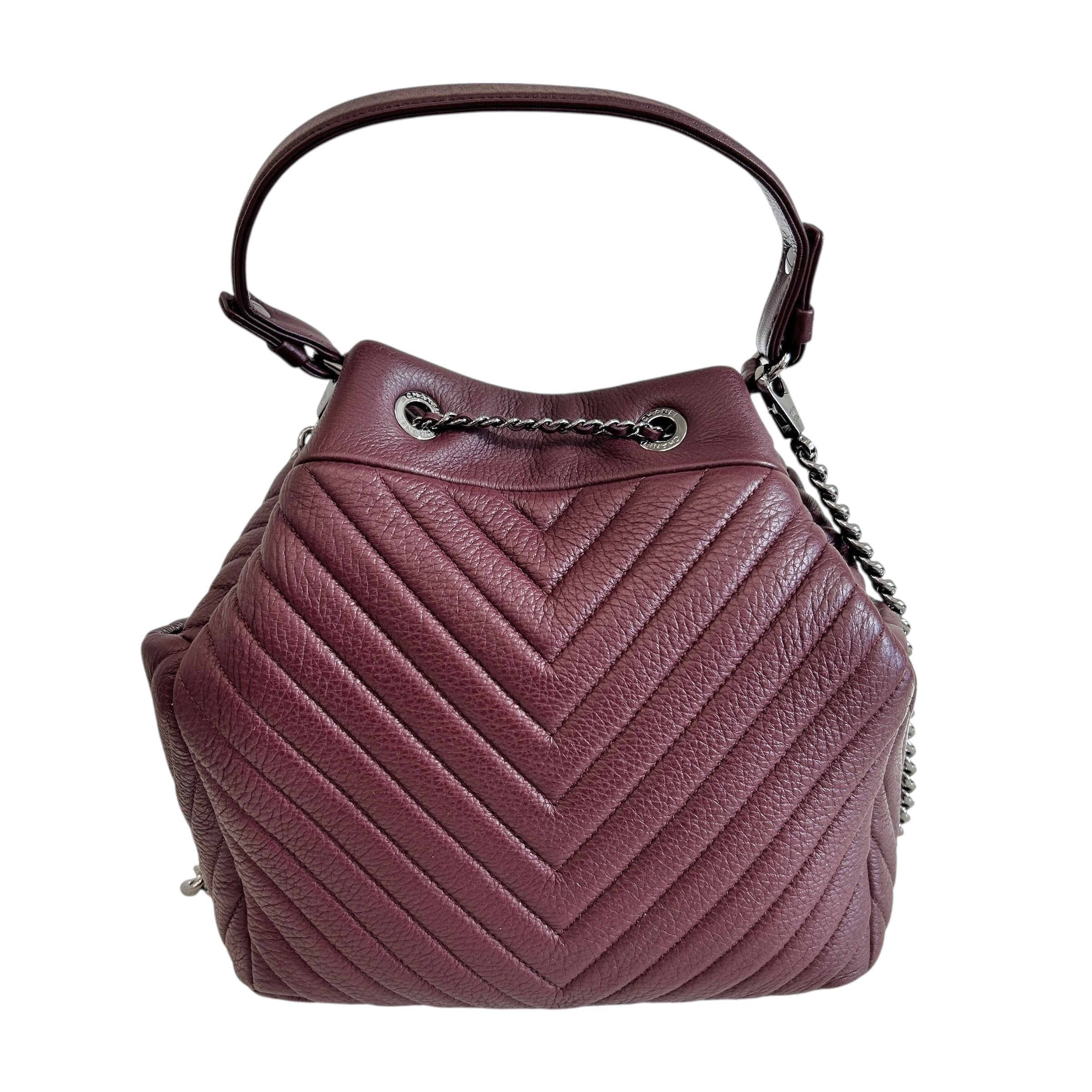 Burgundy Deerskin Small Chain Bucket Bag w/SHW