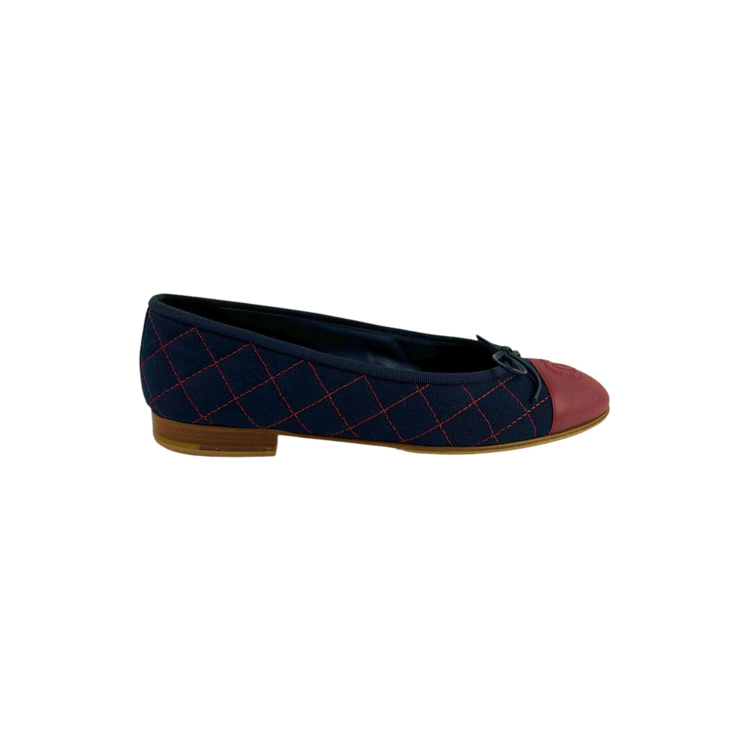 Navy/Red Quilted Canvas Red Leather Toe Cap Ballet Flats
