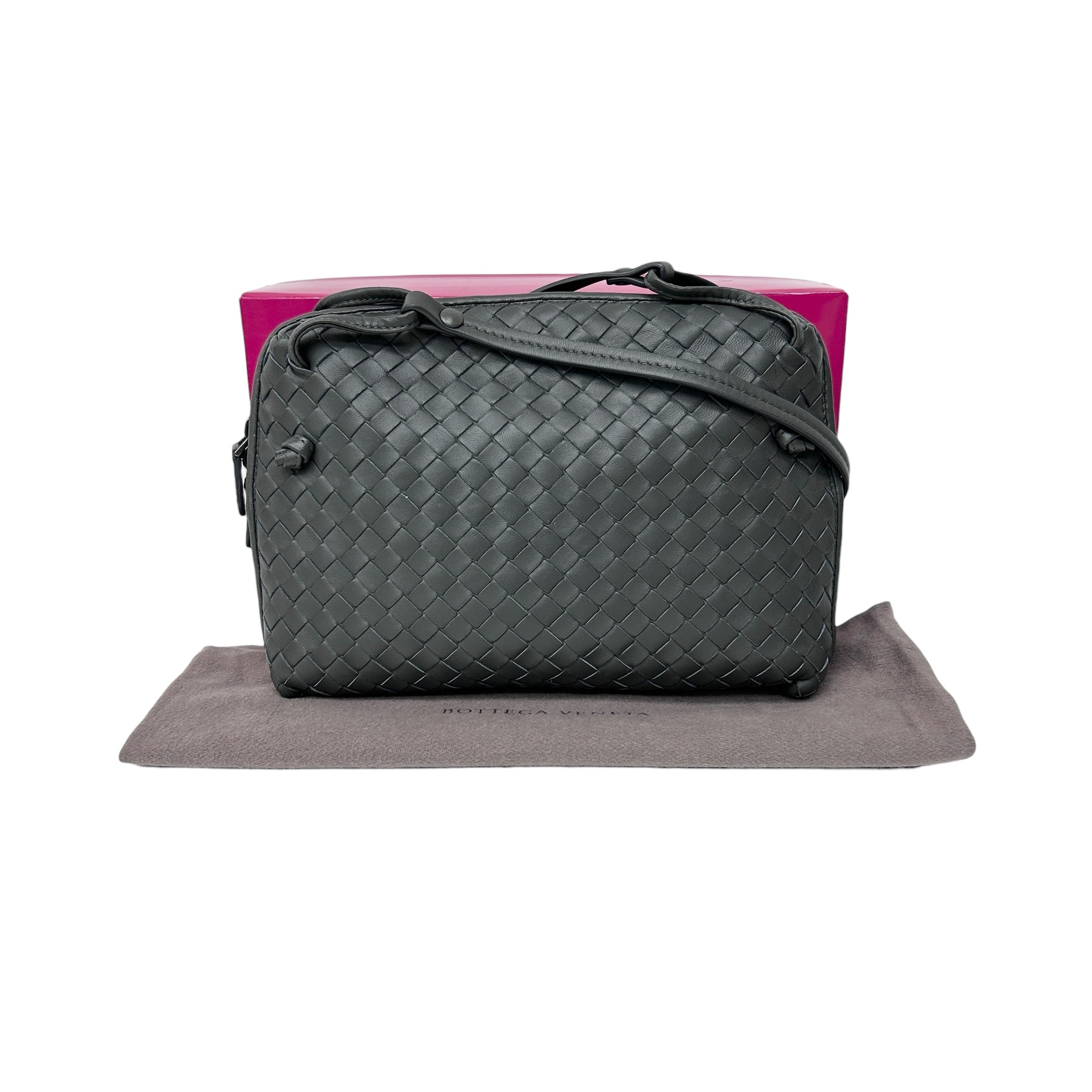 Grey Intrecciato Woven Nappa Leather Nodini Crossbody Bag w/Gunmetal HW