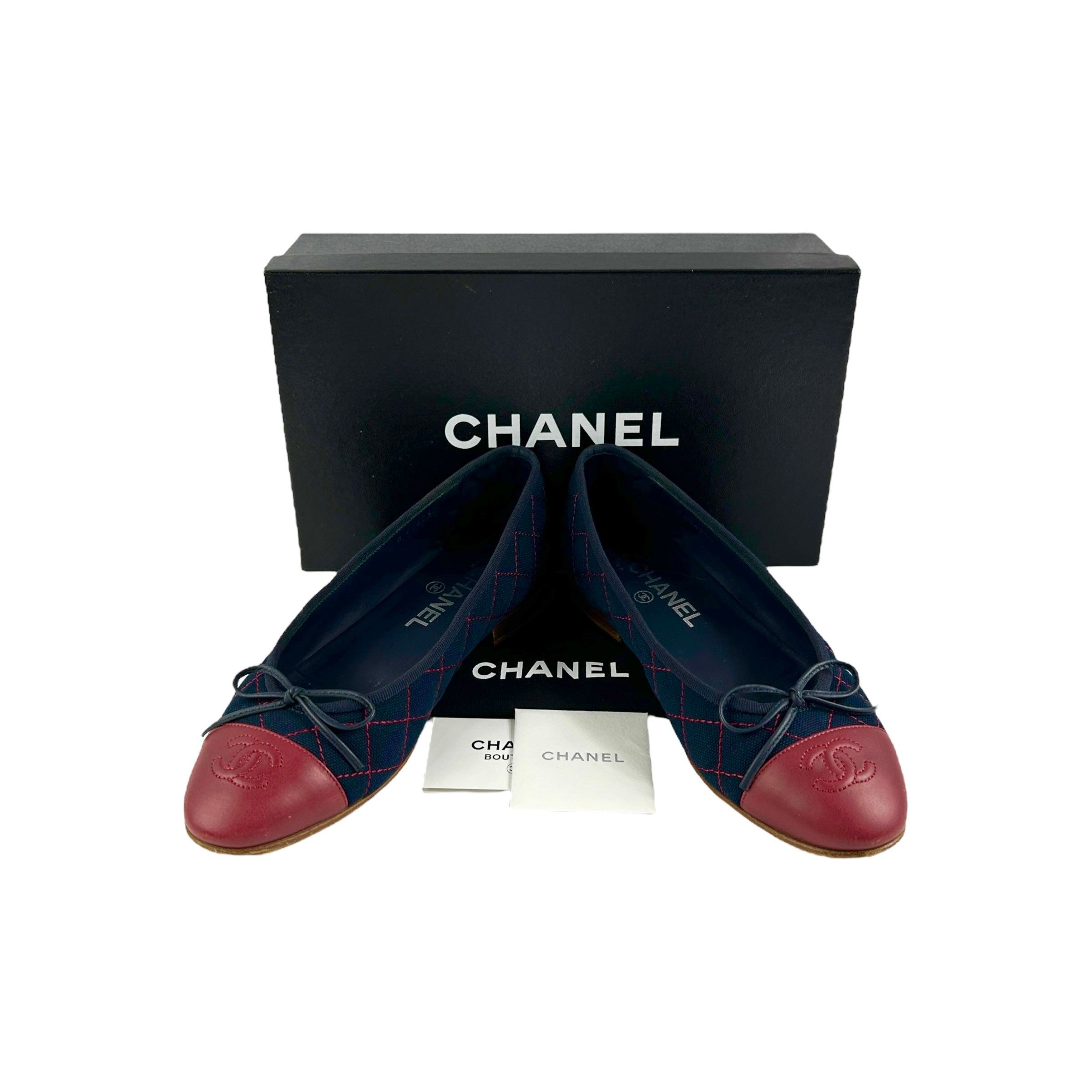 Navy/Red Quilted Canvas Red Leather Toe Cap Ballet Flats