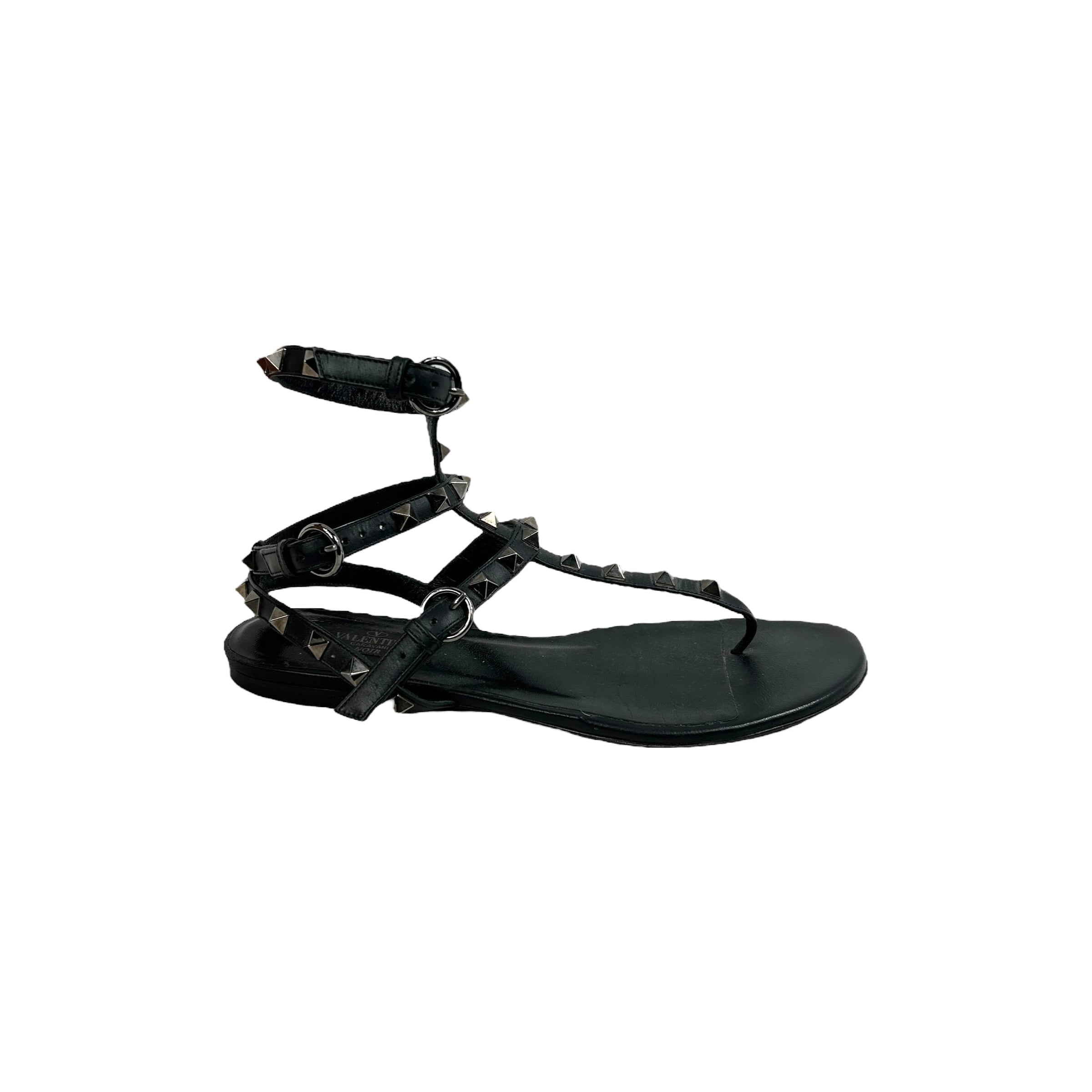 Black Leather Rockstud Flat Sandals w/RHW