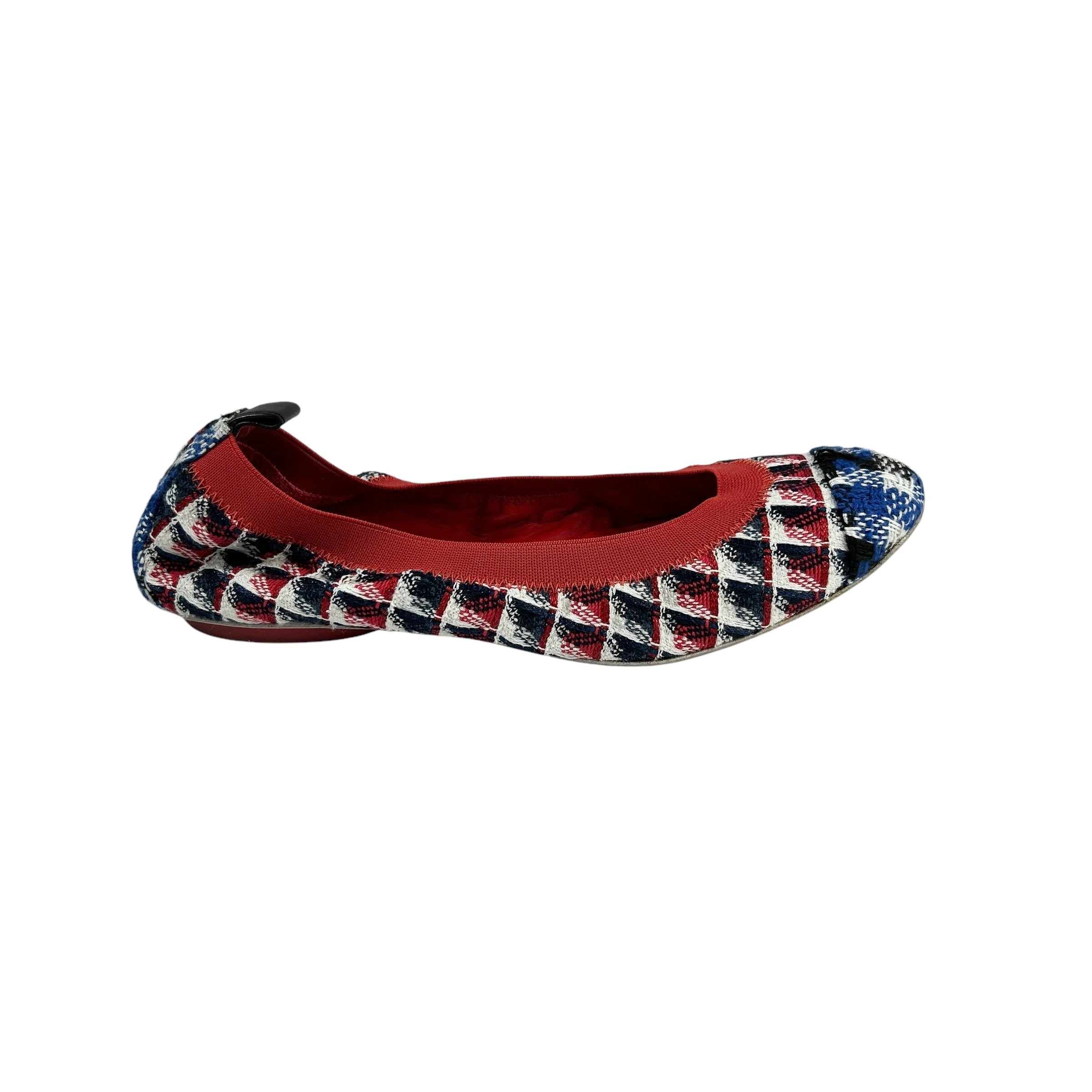 Blue/Red/White/Black Tweed Elastic Heel Ballet Flats