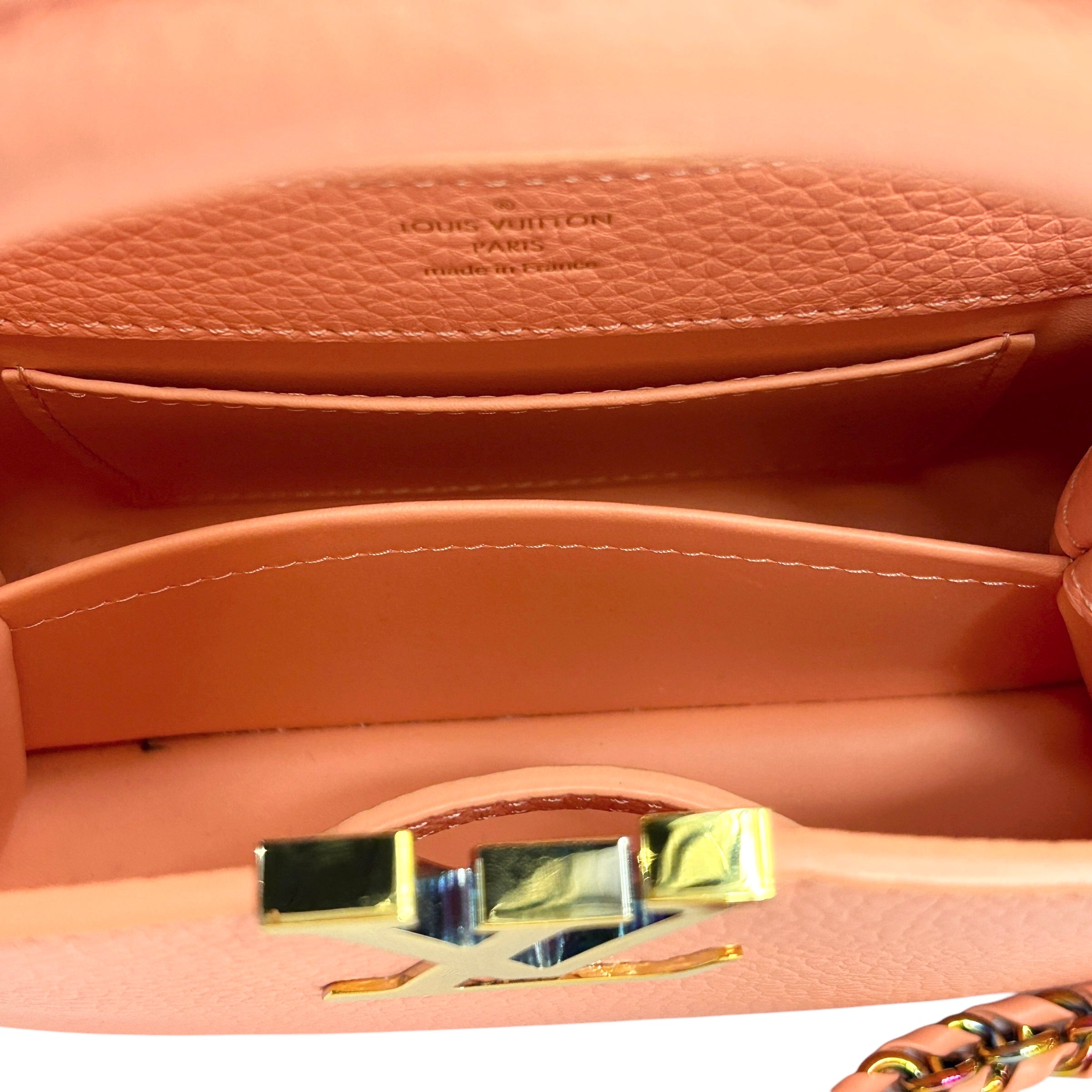Apricot Taurillon Capucines Mini w/Intertwined Rainbow Chain Strap