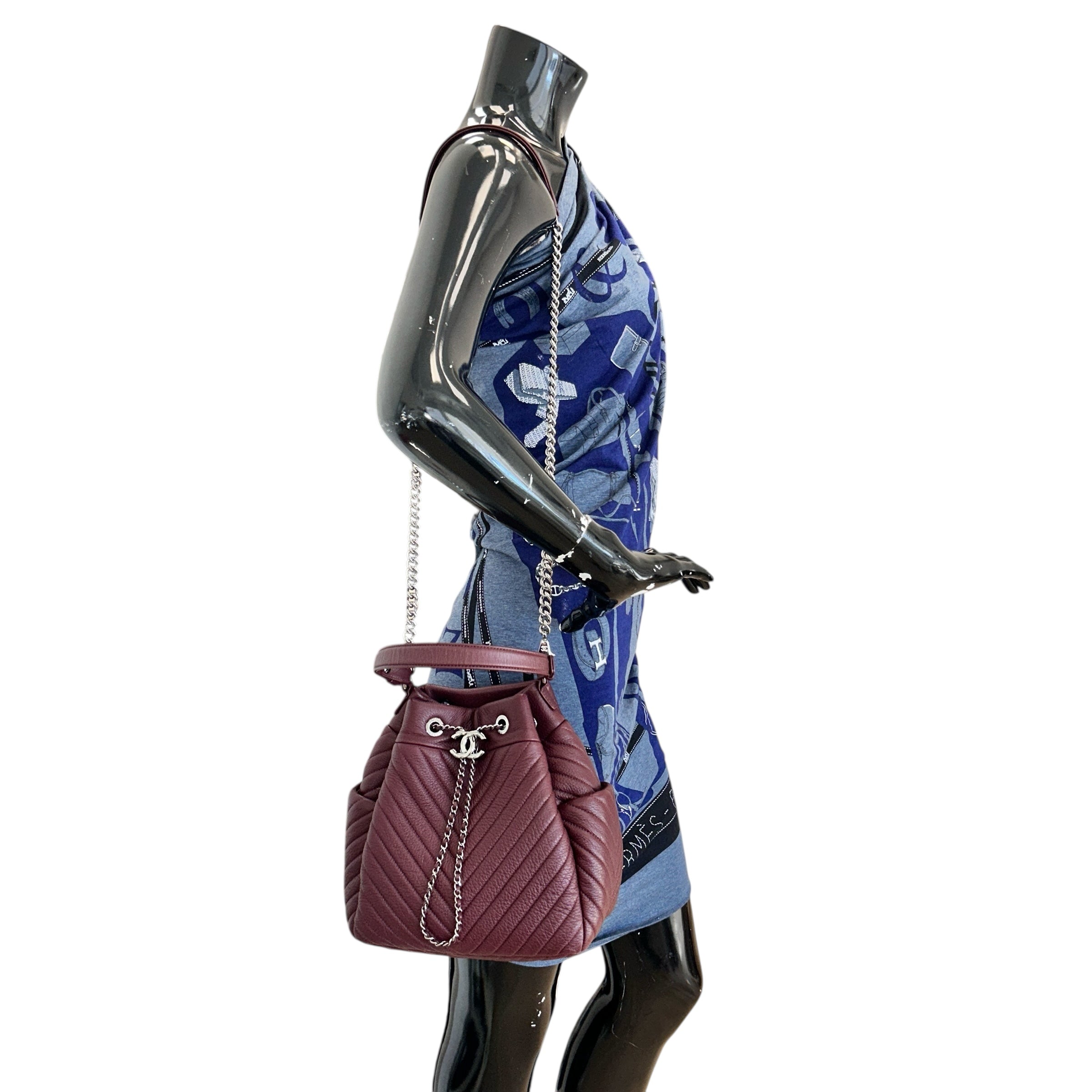 Burgundy Deerskin Small Chain Bucket Bag w/SHW