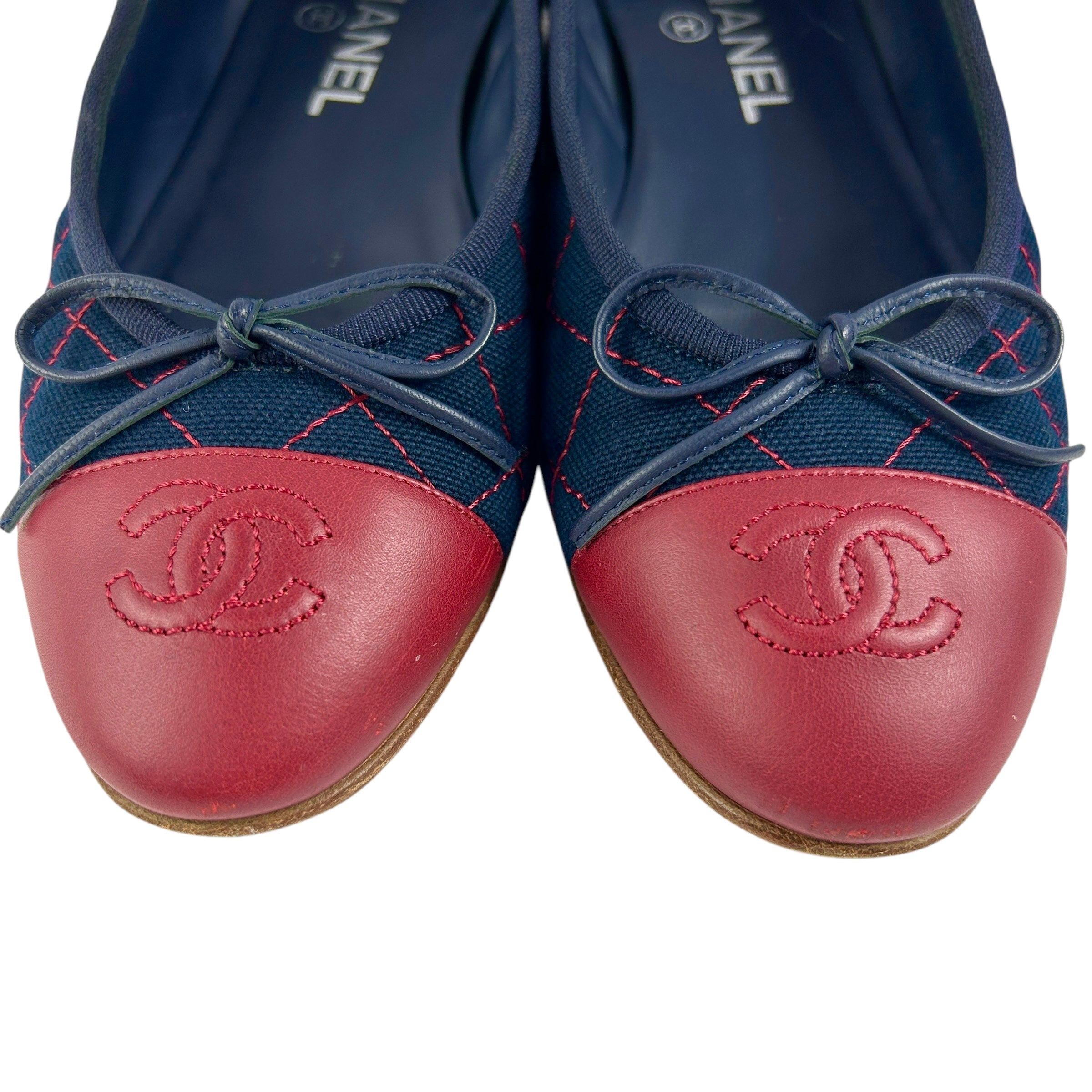 Navy/Red Quilted Canvas Red Leather Toe Cap Ballet Flats