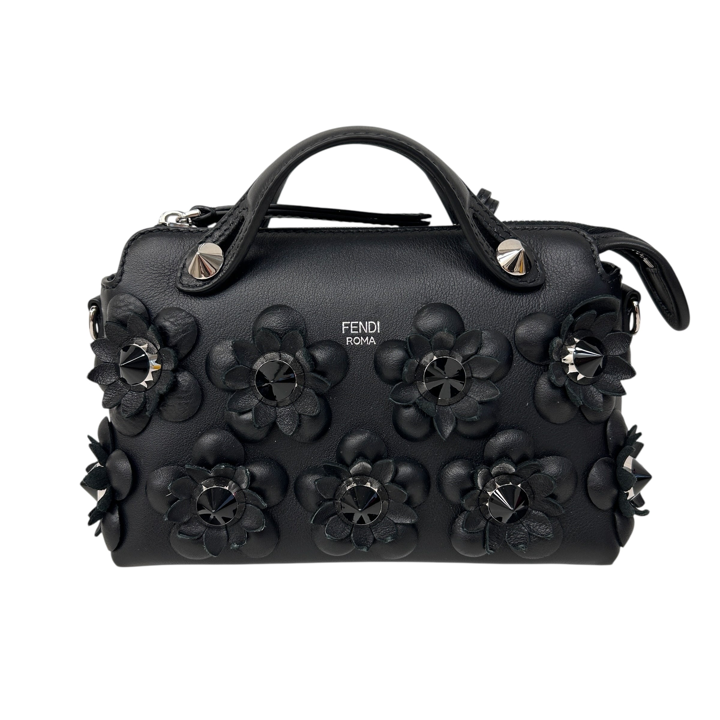 Black Leather Flower Studded Mini By the Way Bag w/SHW