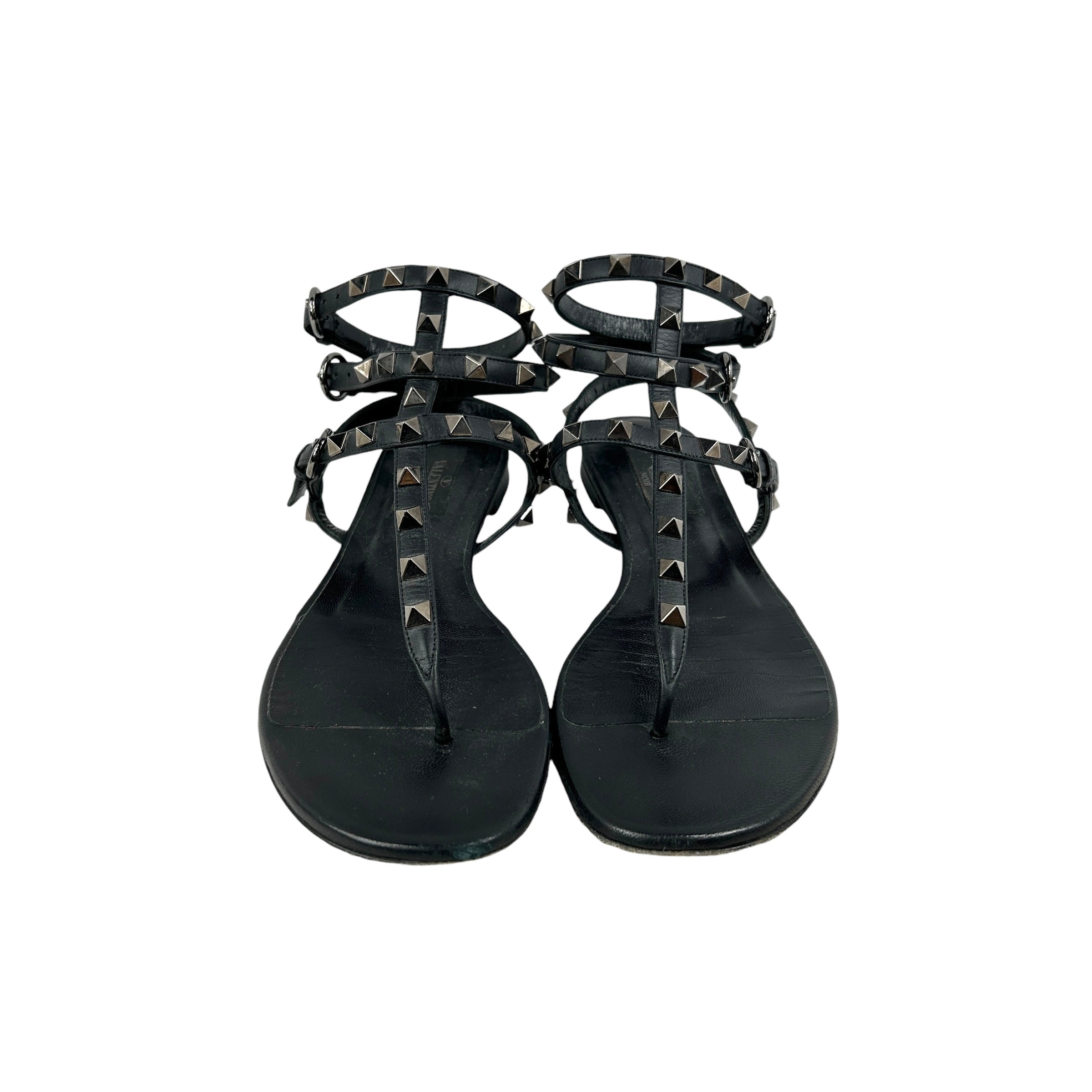Black Leather Rockstud Flat Sandals w/RHW