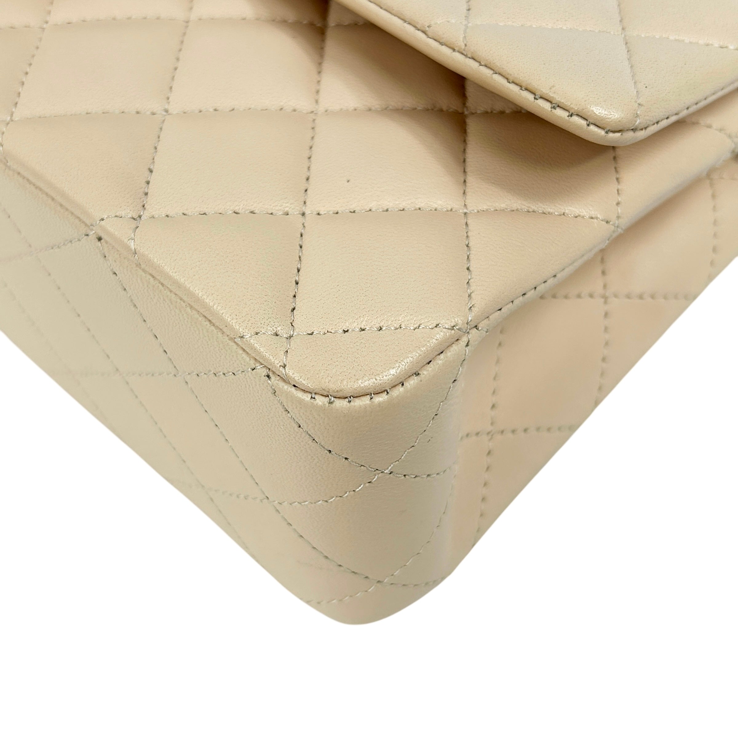Light Beige Quilted Lambskin Medium Double Flap w/ Brushed GHW