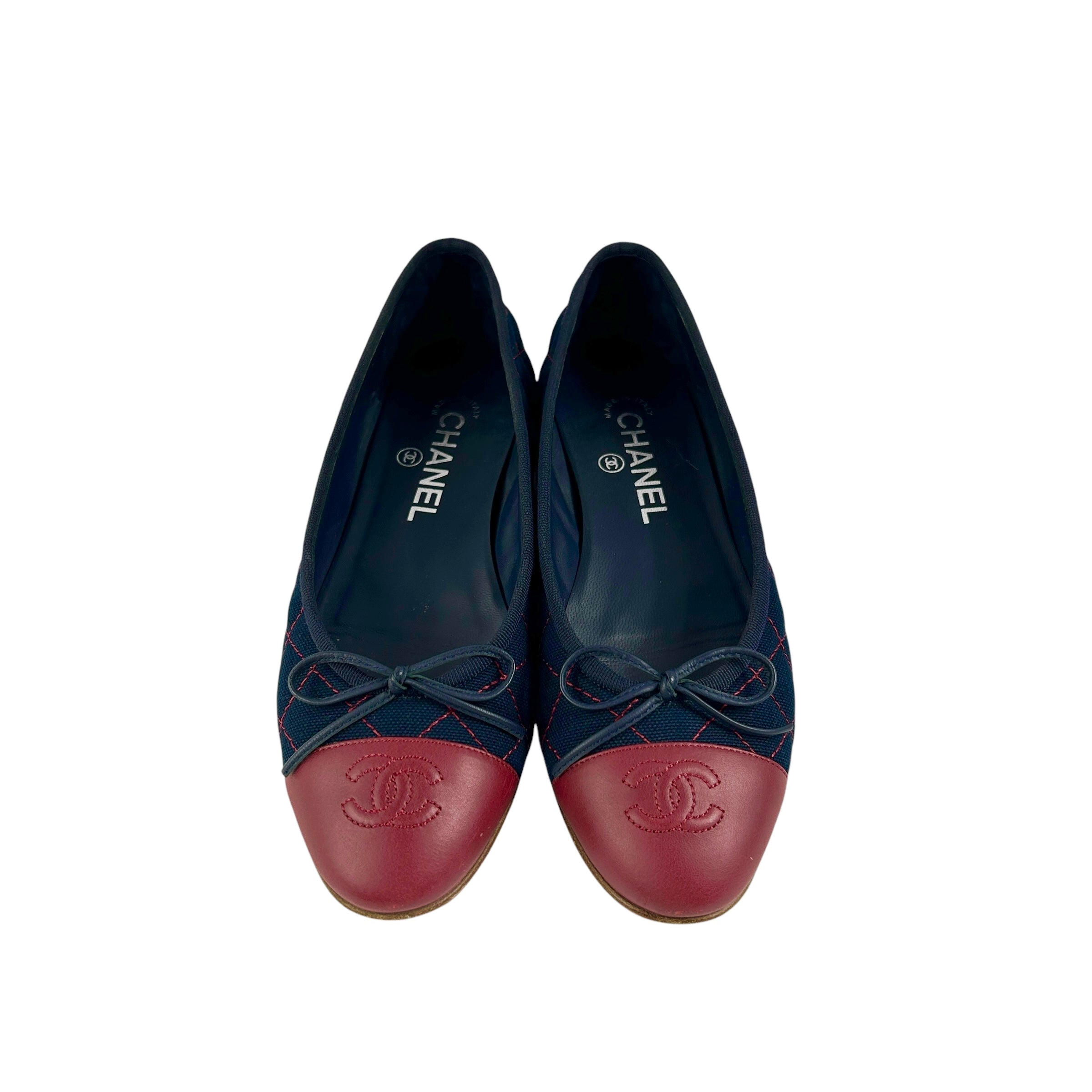 Navy/Red Quilted Canvas Red Leather Toe Cap Ballet Flats