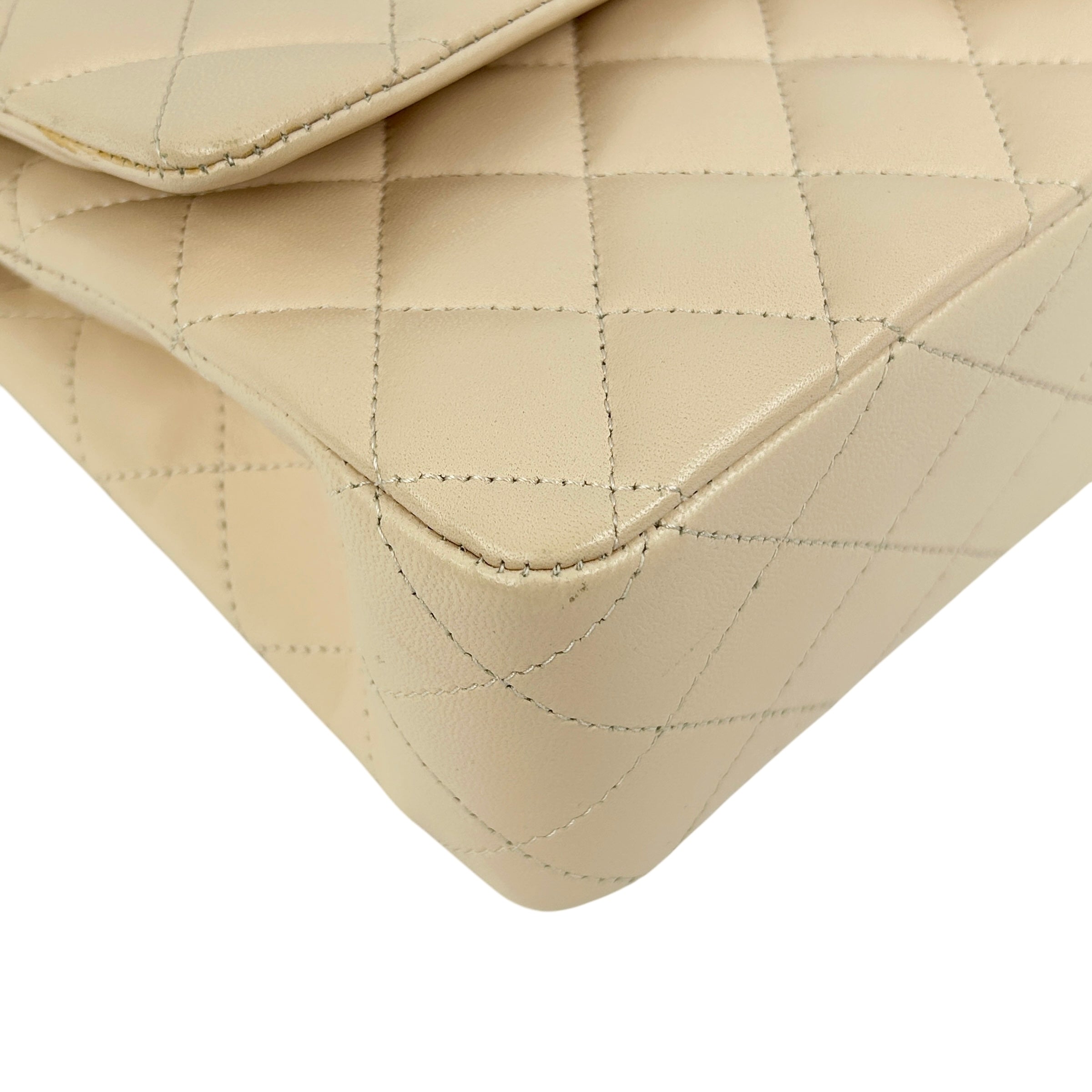 Light Beige Quilted Lambskin Medium Double Flap w/ Brushed GHW