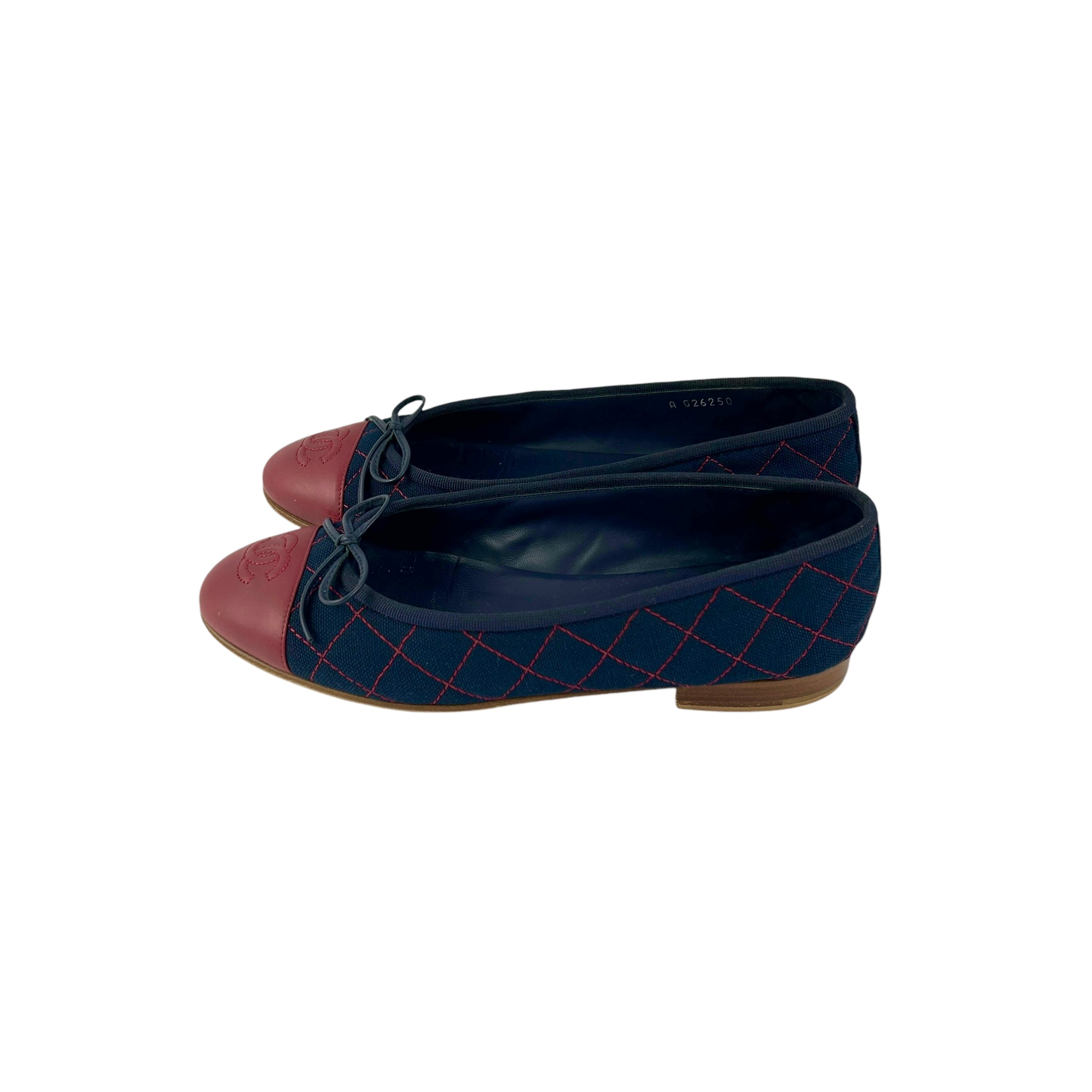Navy/Red Quilted Canvas Red Leather Toe Cap Ballet Flats