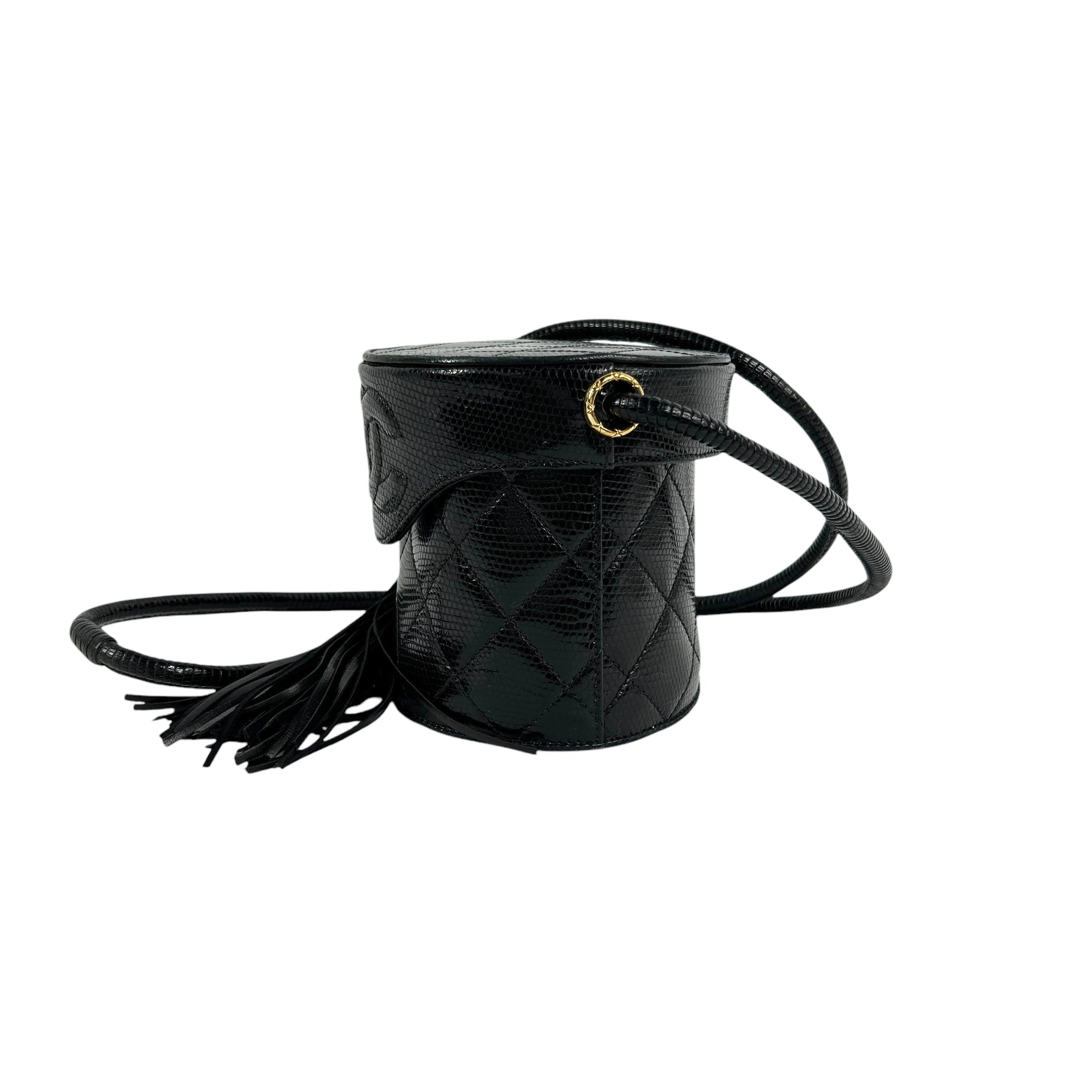 Vintage Black Lizard Leather Quilted Bucket Vanity Bag w/GHW