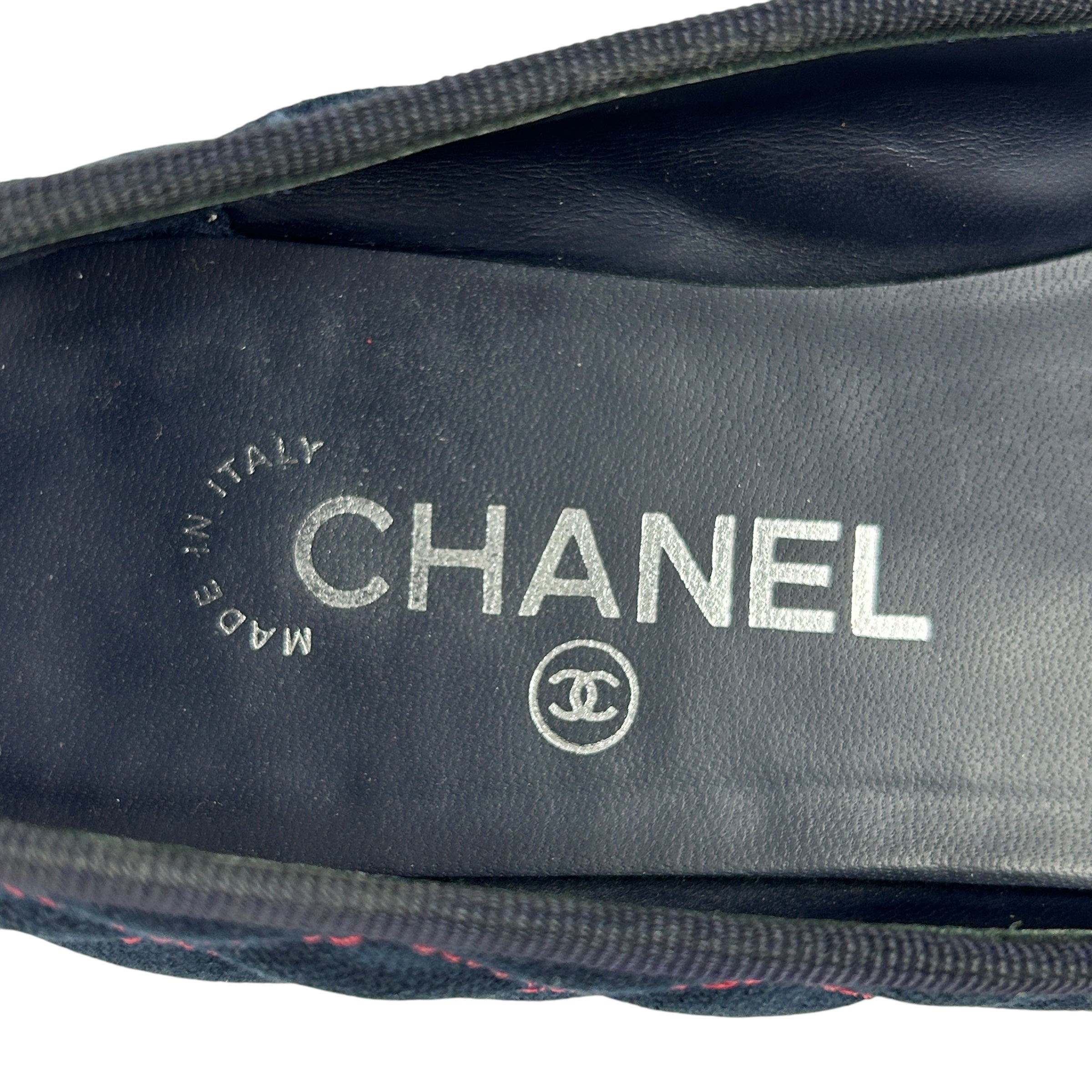 Navy/Red Quilted Canvas Red Leather Toe Cap Ballet Flats