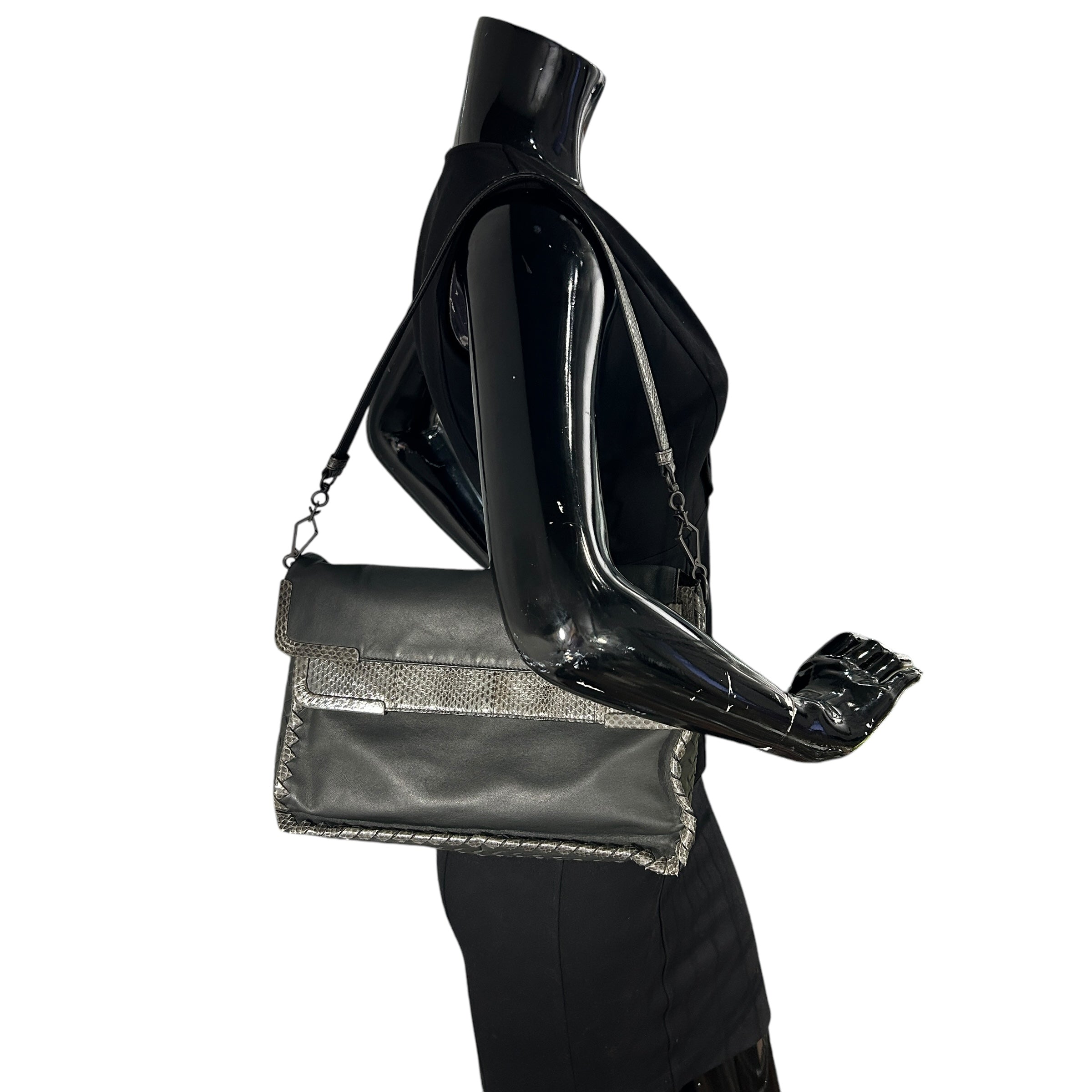 Gray Lambskin / Snakeskin Detail Foldover Bag