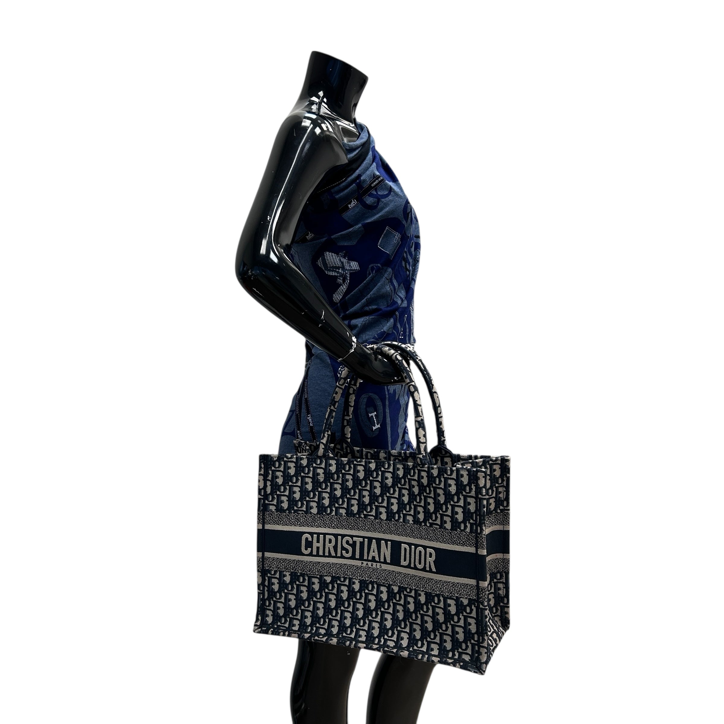 Ecru and Blue Oblique Embroidery Medium Book Tote