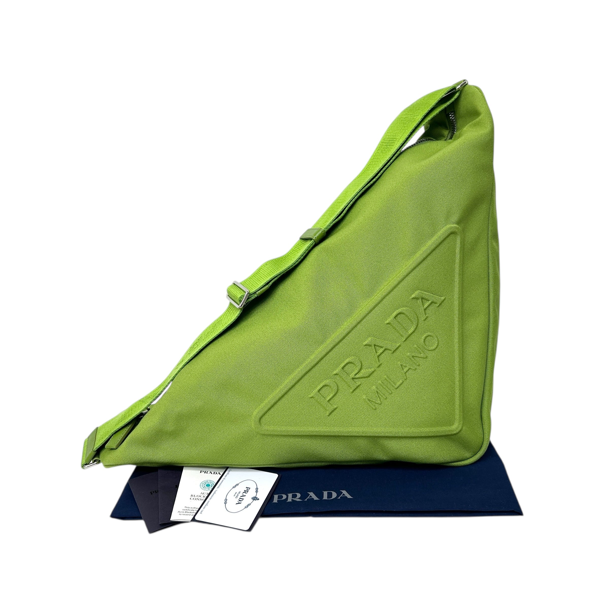 Green Canvas Triangle Logo Embossed Crossbody Bag w/SHW