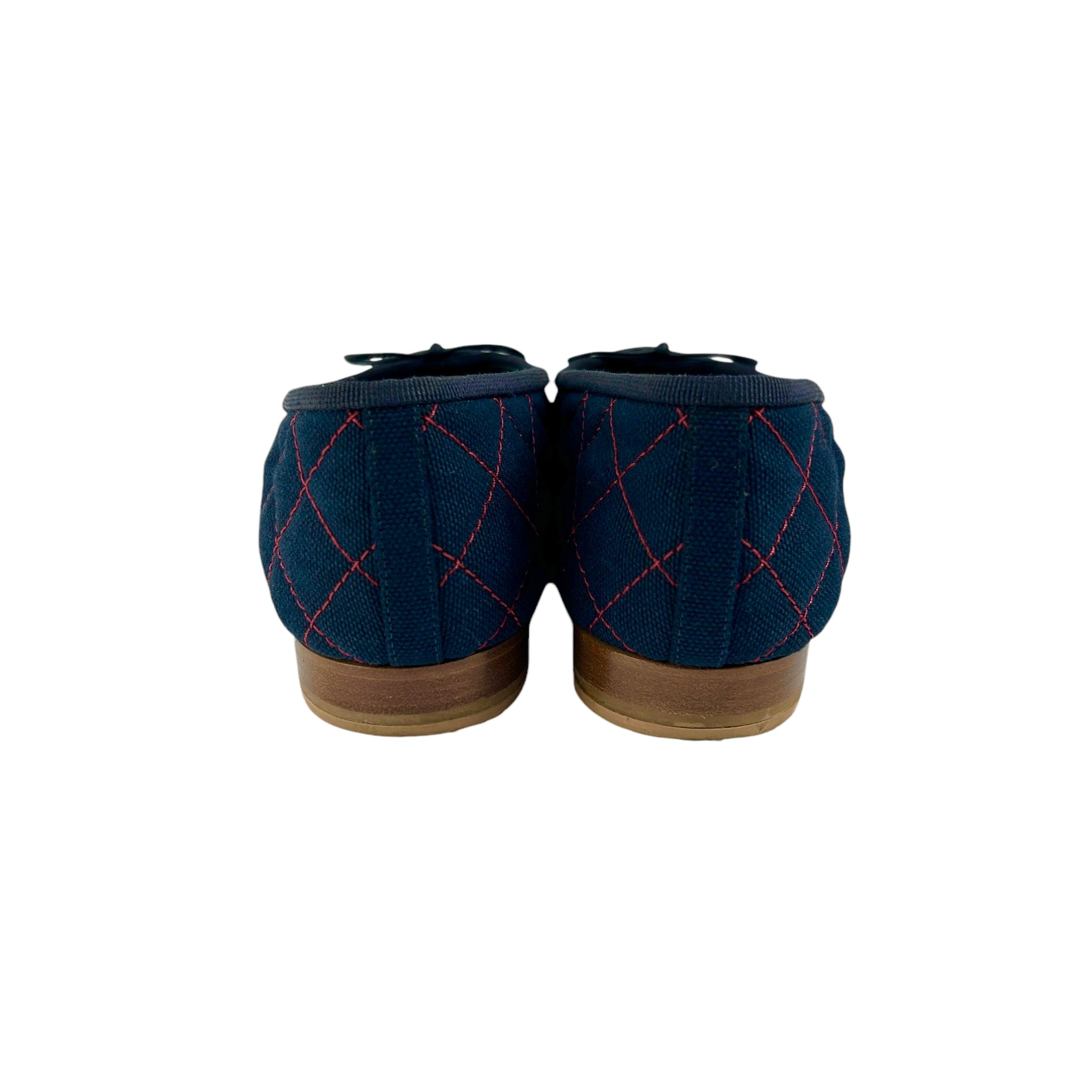 Navy/Red Quilted Canvas Red Leather Toe Cap Ballet Flats