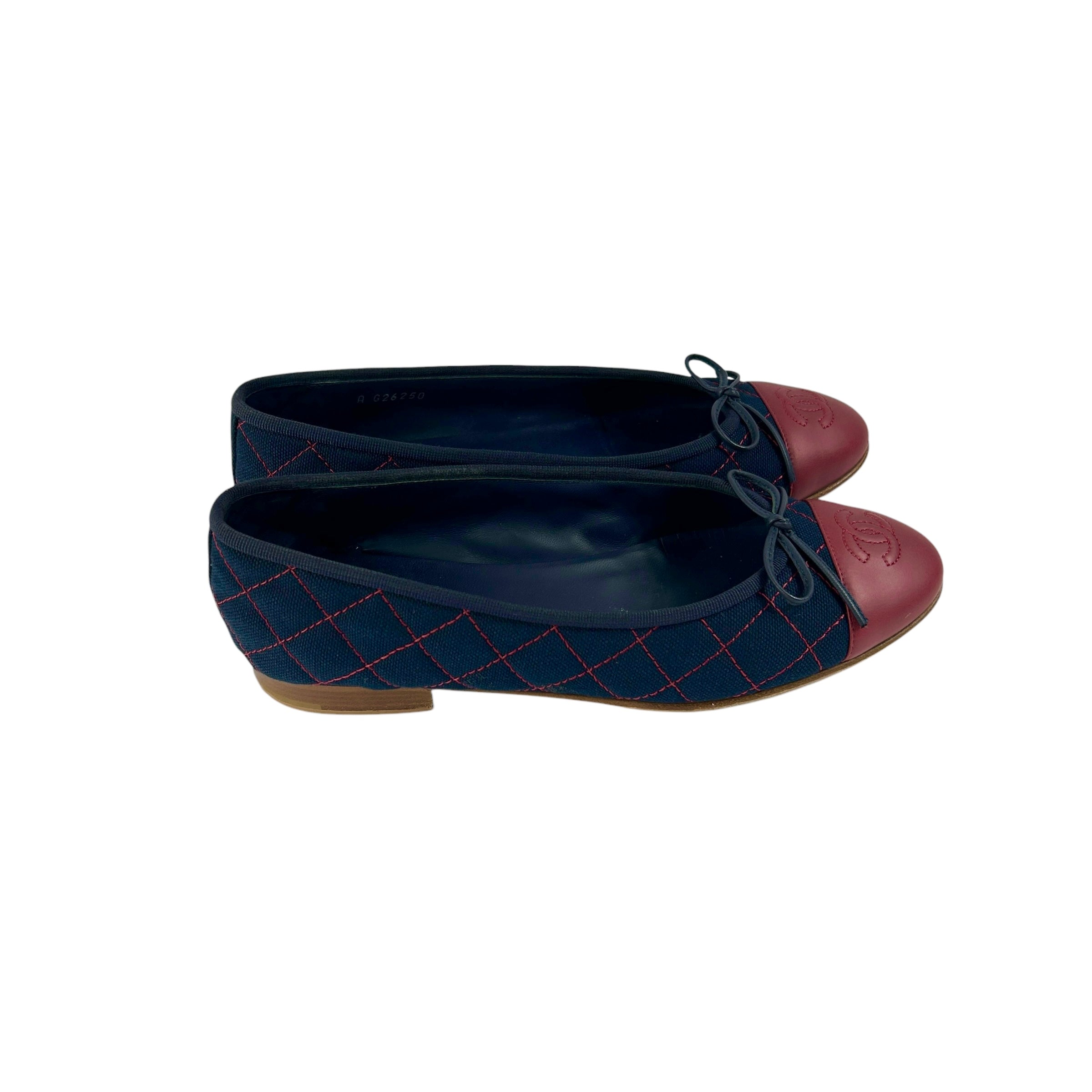 Navy/Red Quilted Canvas Red Leather Toe Cap Ballet Flats