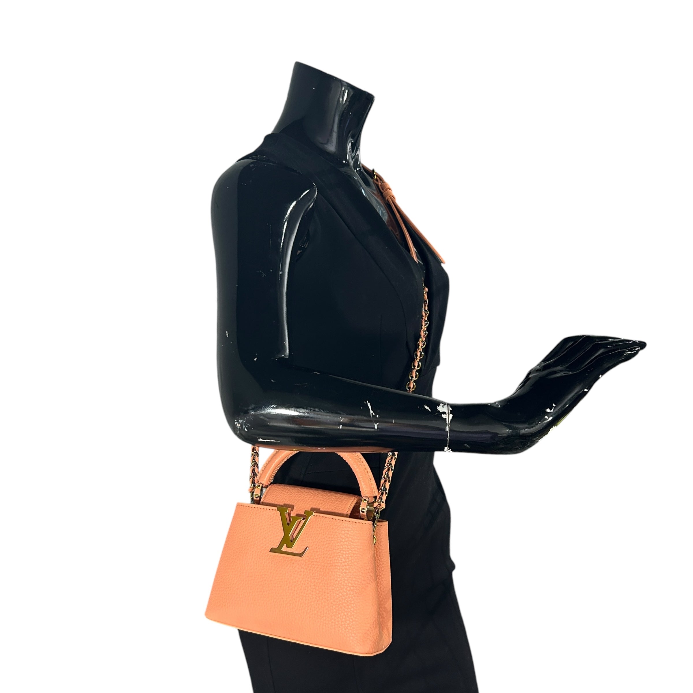 Apricot Taurillon Capucines Mini w/Intertwined Rainbow Chain Strap