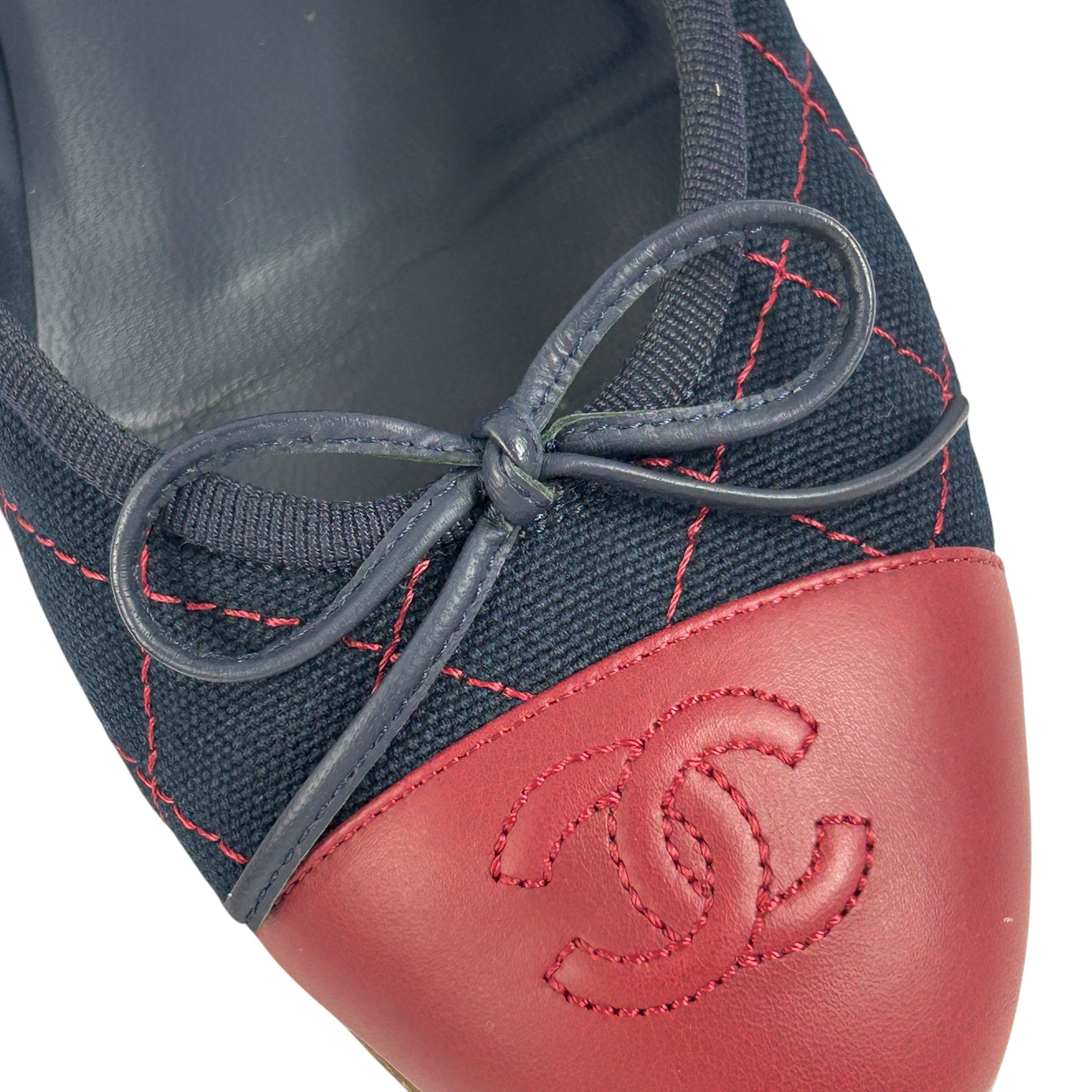 Navy/Red Quilted Canvas Red Leather Toe Cap Ballet Flats
