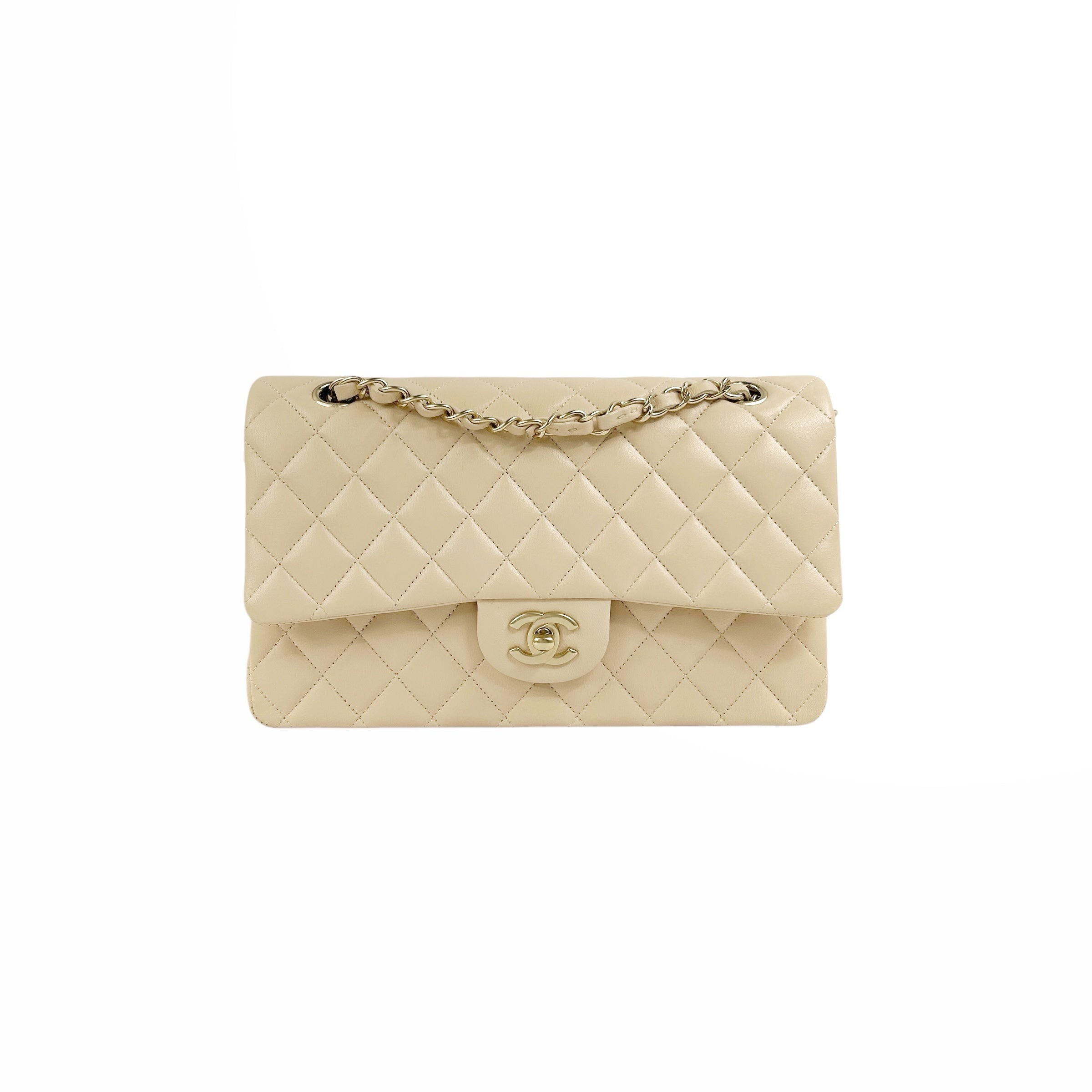 Light Beige Quilted Lambskin Medium Double Flap w/ Brushed GHW