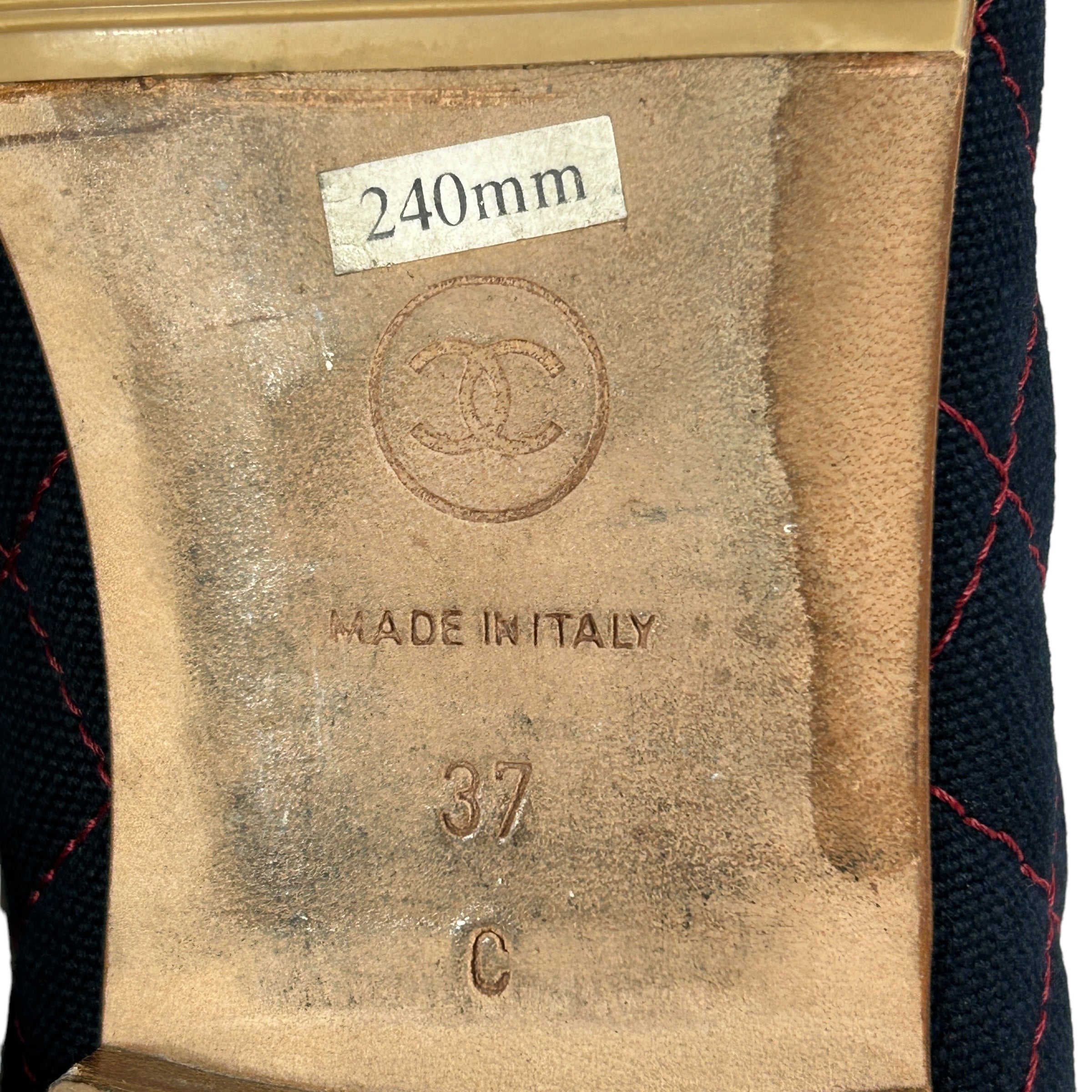 Navy/Red Quilted Canvas Red Leather Toe Cap Ballet Flats