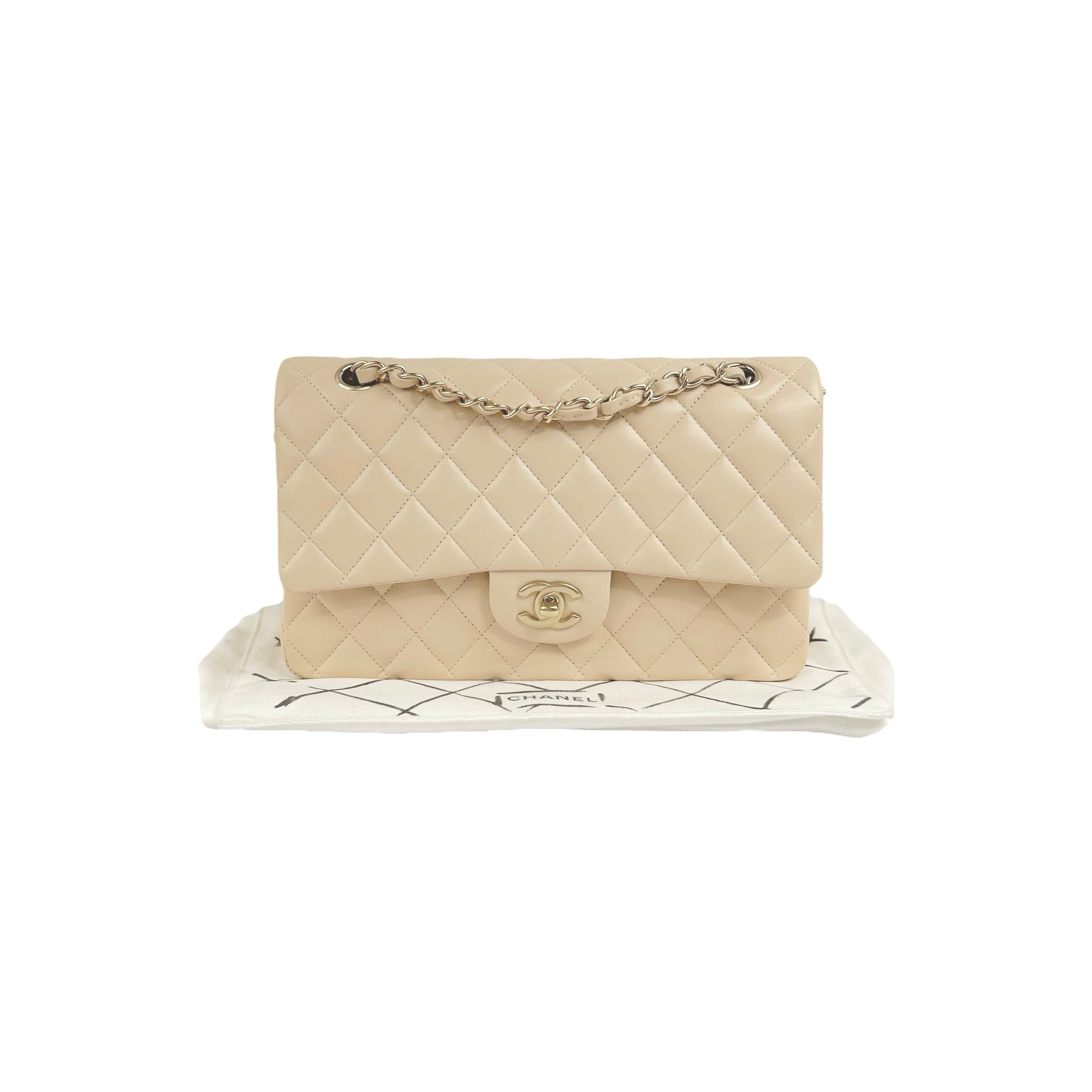 Light Beige Quilted Lambskin Medium Double Flap w/ Brushed GHW