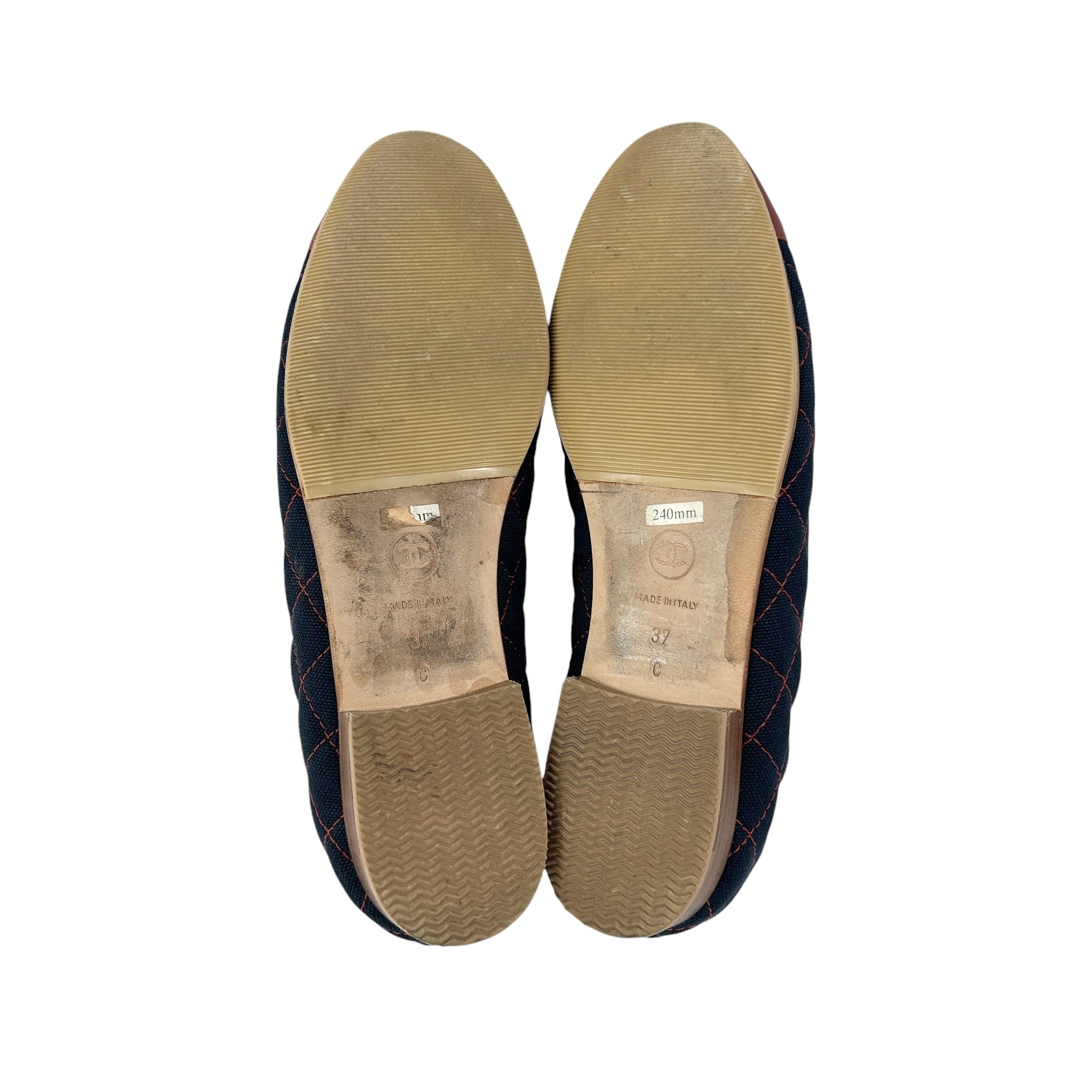 Navy/Red Quilted Canvas Red Leather Toe Cap Ballet Flats