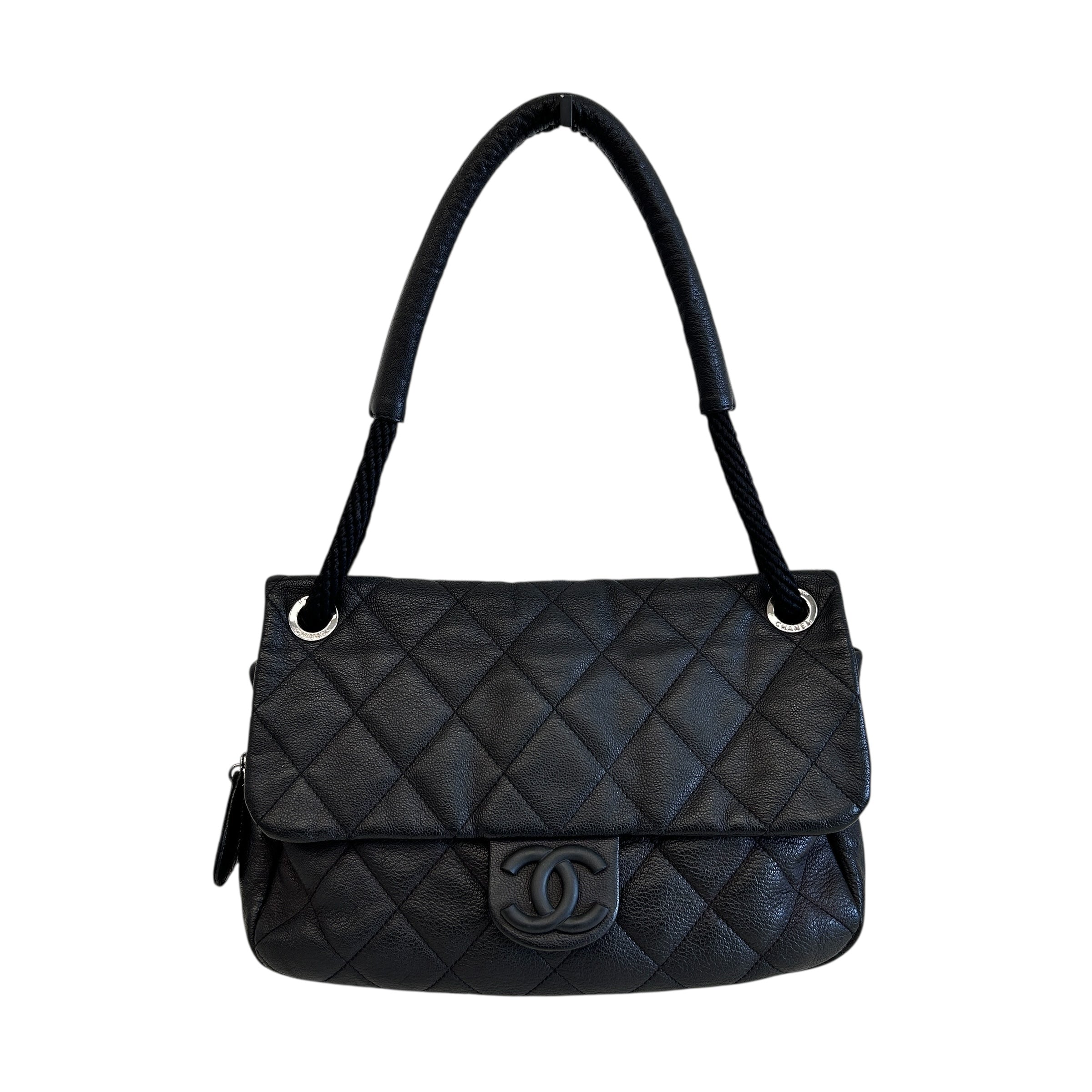 Black Pebbed Calfskin Leather Bag w/Expandable Zipper Bottom Detail