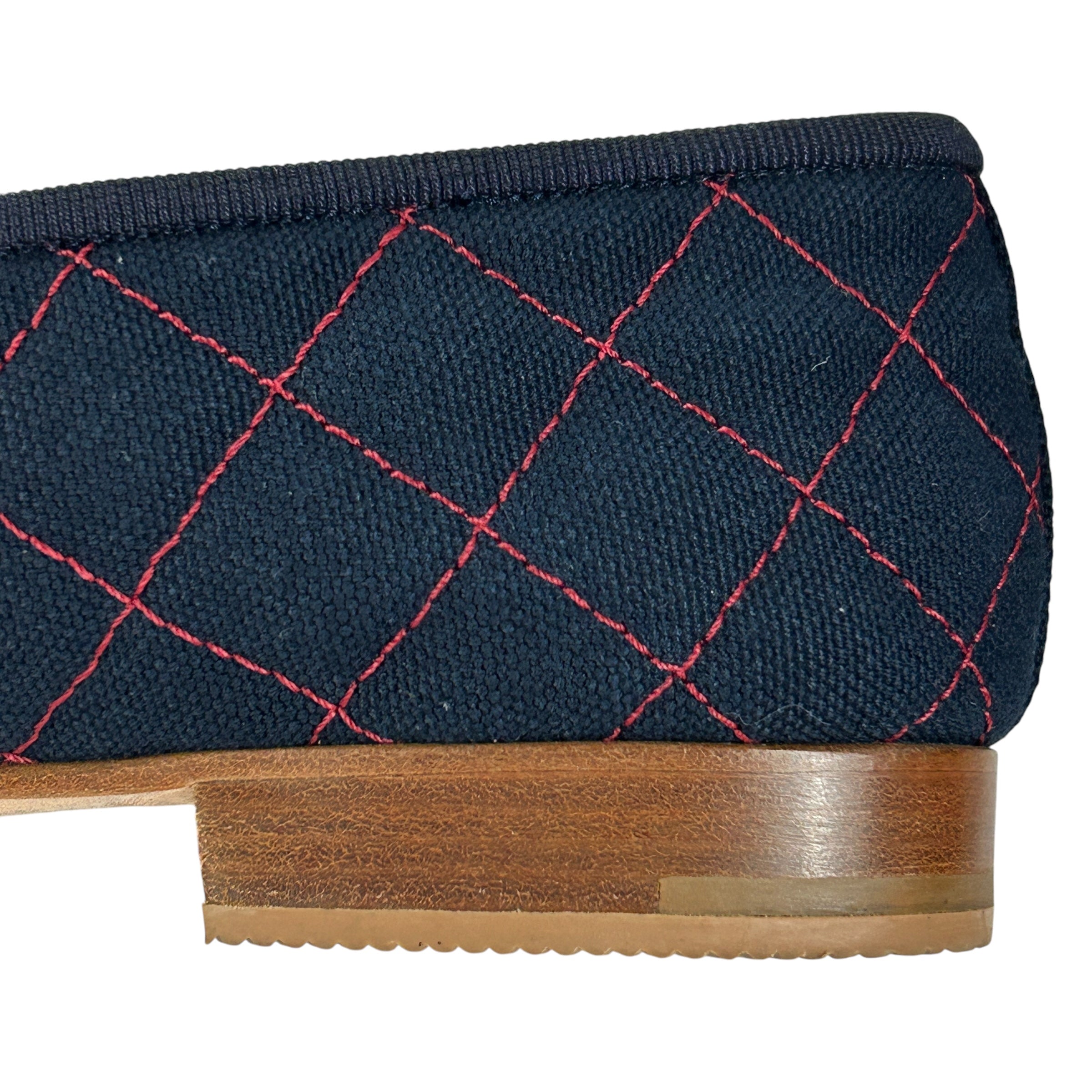 Navy/Red Quilted Canvas Red Leather Toe Cap Ballet Flats