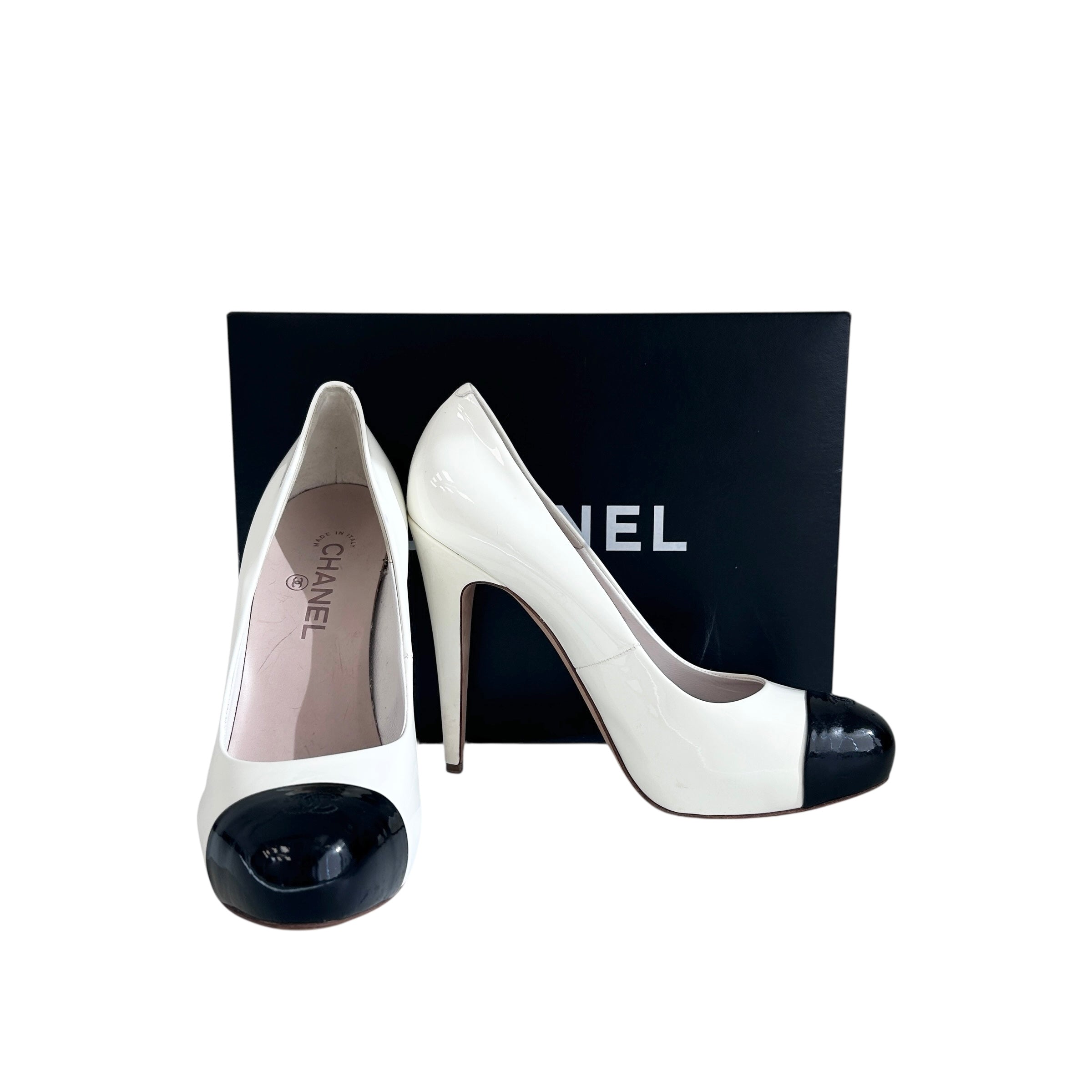 White/Black Patent Leather CC Cap Toe Platform Pumps