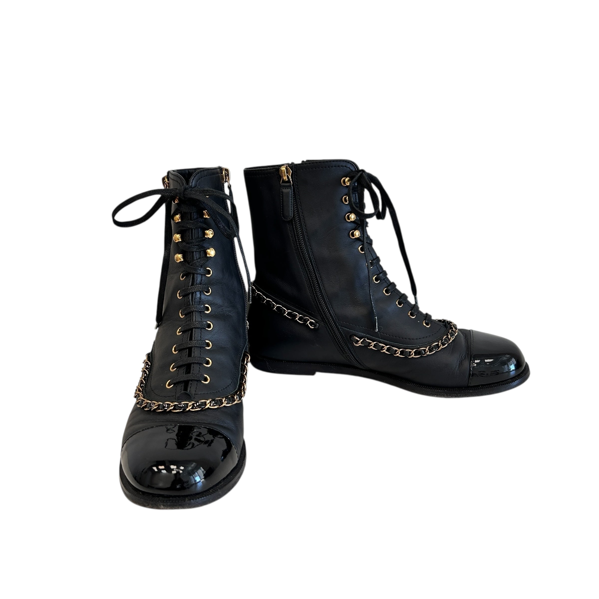 Black Chain All Detail Lace Up Boots w/Zipper Closure