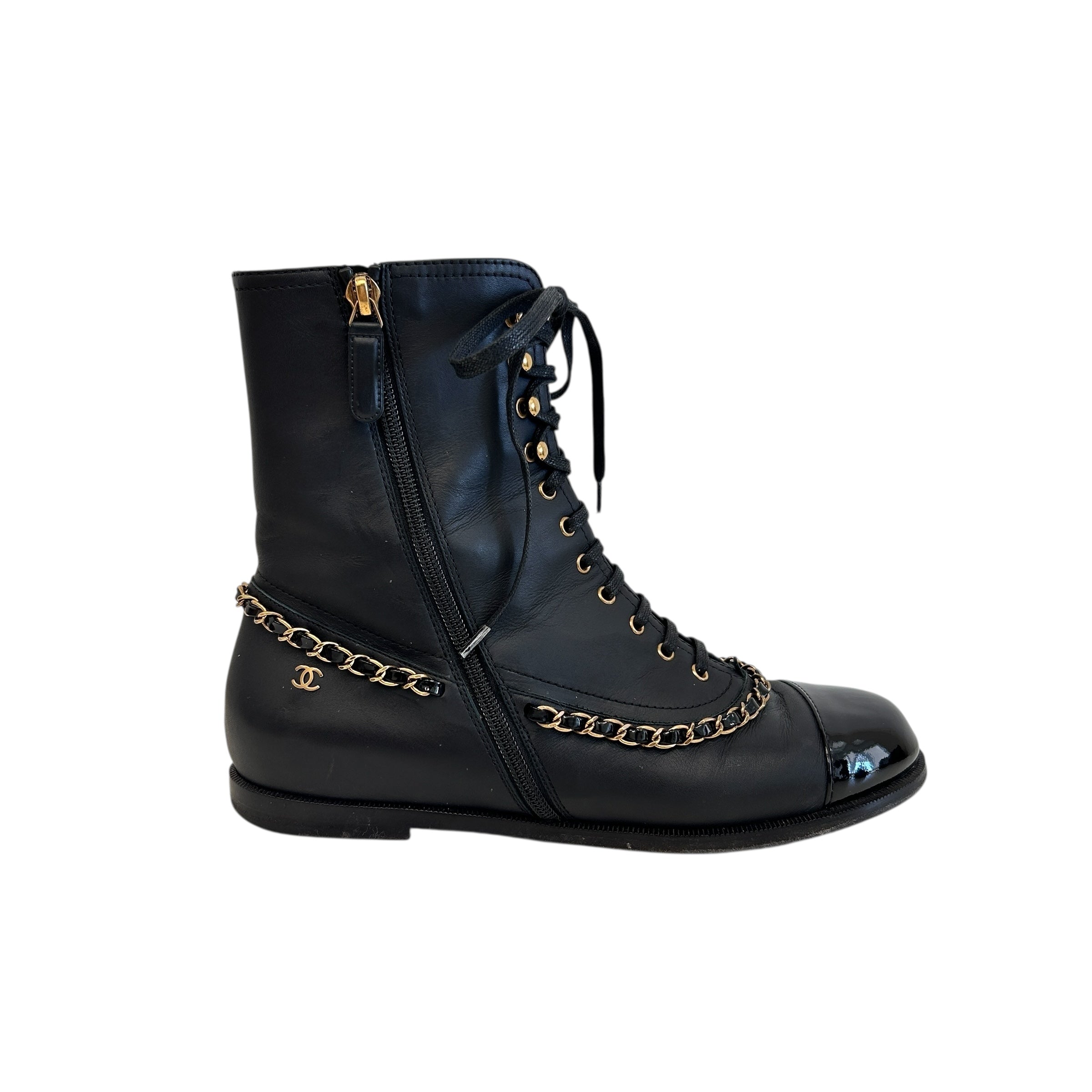 Black Chain All Detail Lace Up Boots w/Zipper Closure