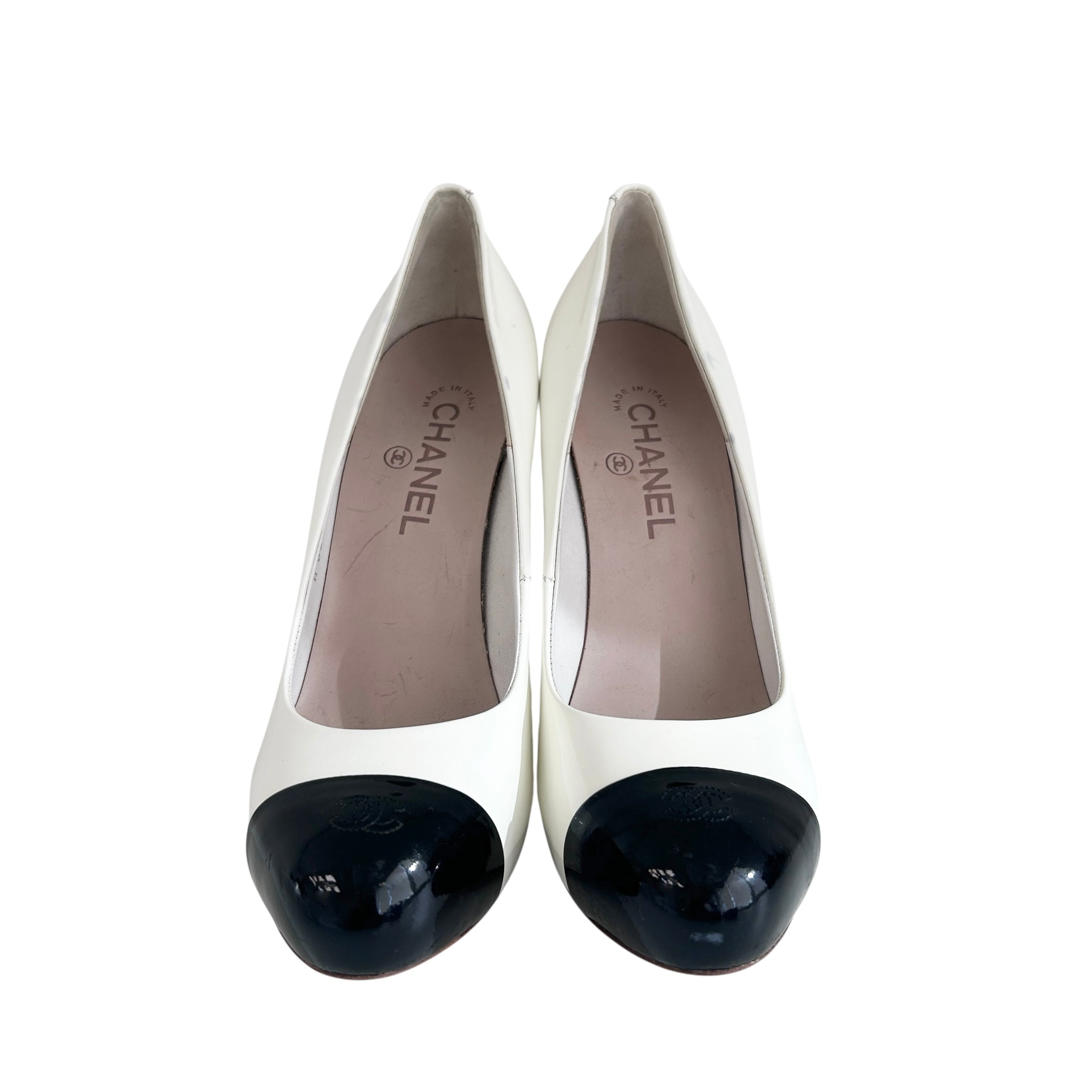 White/Black Patent Leather CC Cap Toe Platform Pumps