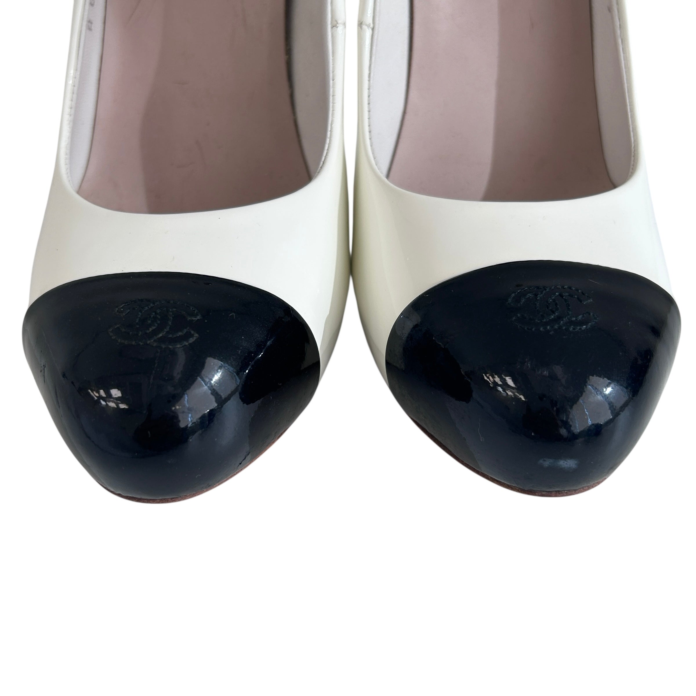 White/Black Patent Leather CC Cap Toe Platform Pumps