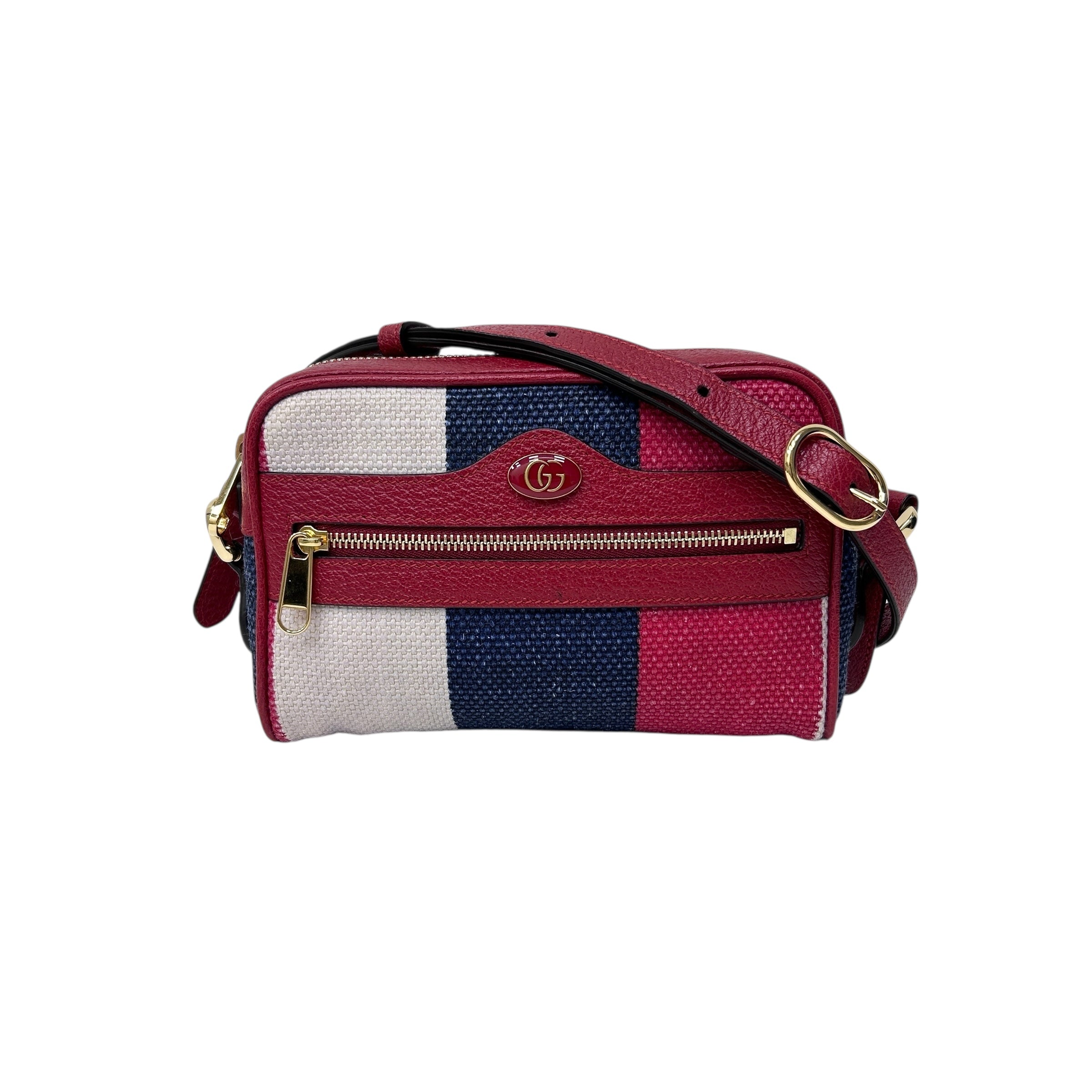 White/Blue/Red Stripe Canvas and Leather Mini Ophidia Crossbody Bag w/GHW