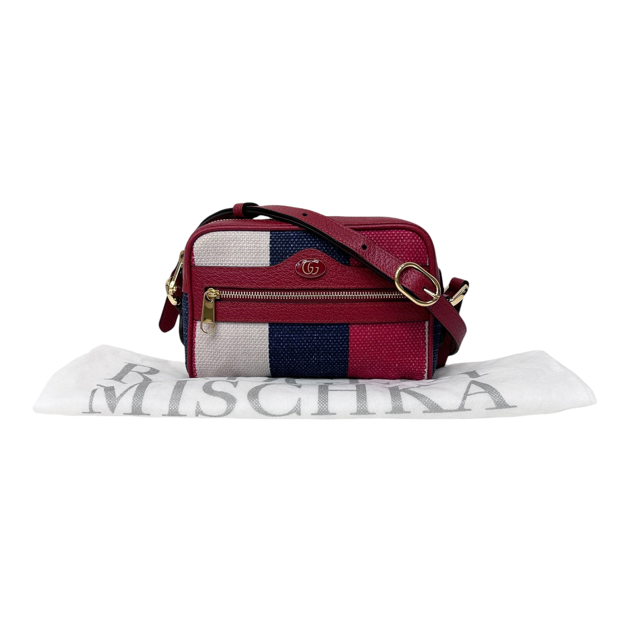 White/Blue/Red Stripe Canvas and Leather Mini Ophidia Crossbody Bag w/GHW