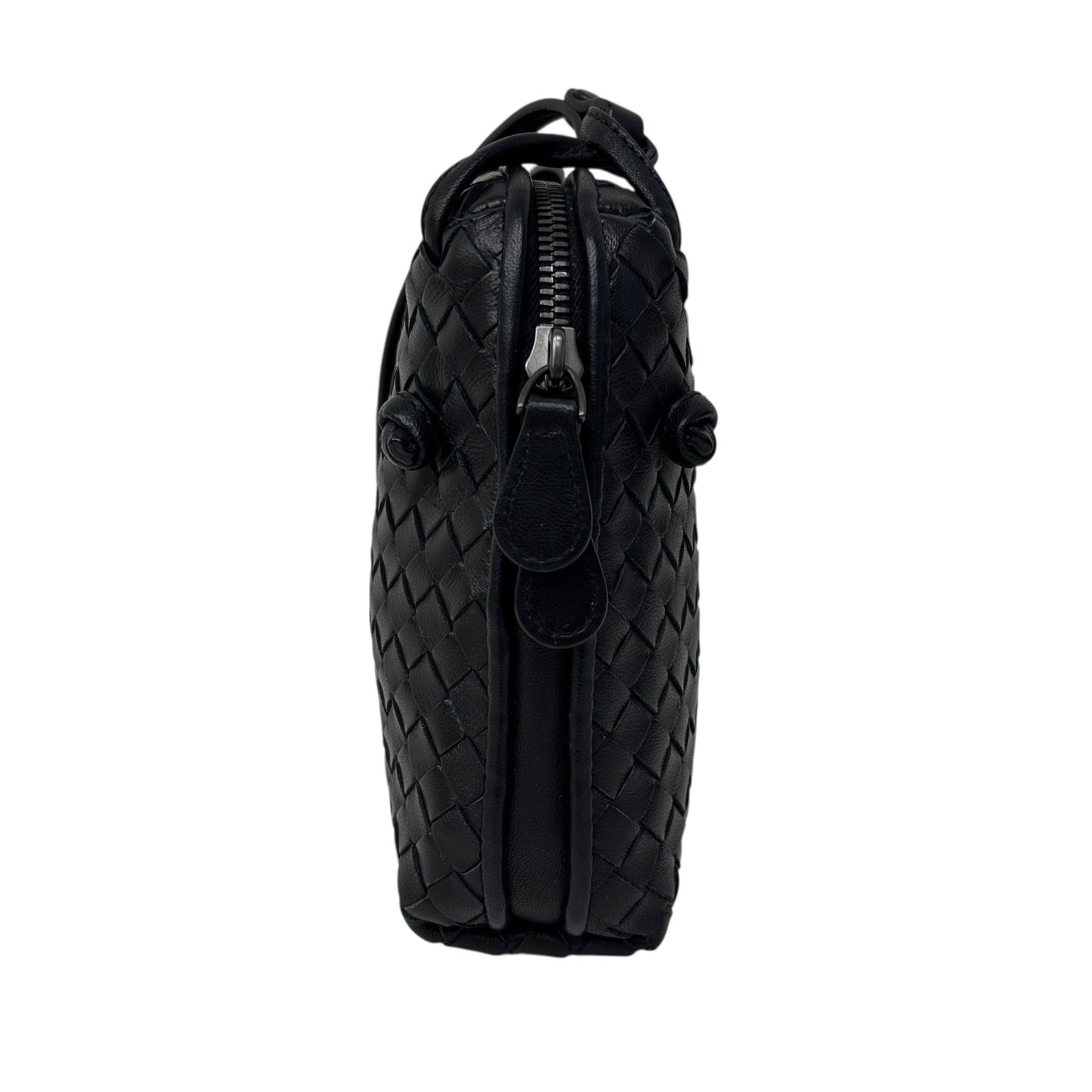 Black Intrecciato Woven Nappa Leather Nodini Crossbody Bag w/Gunmetal HW