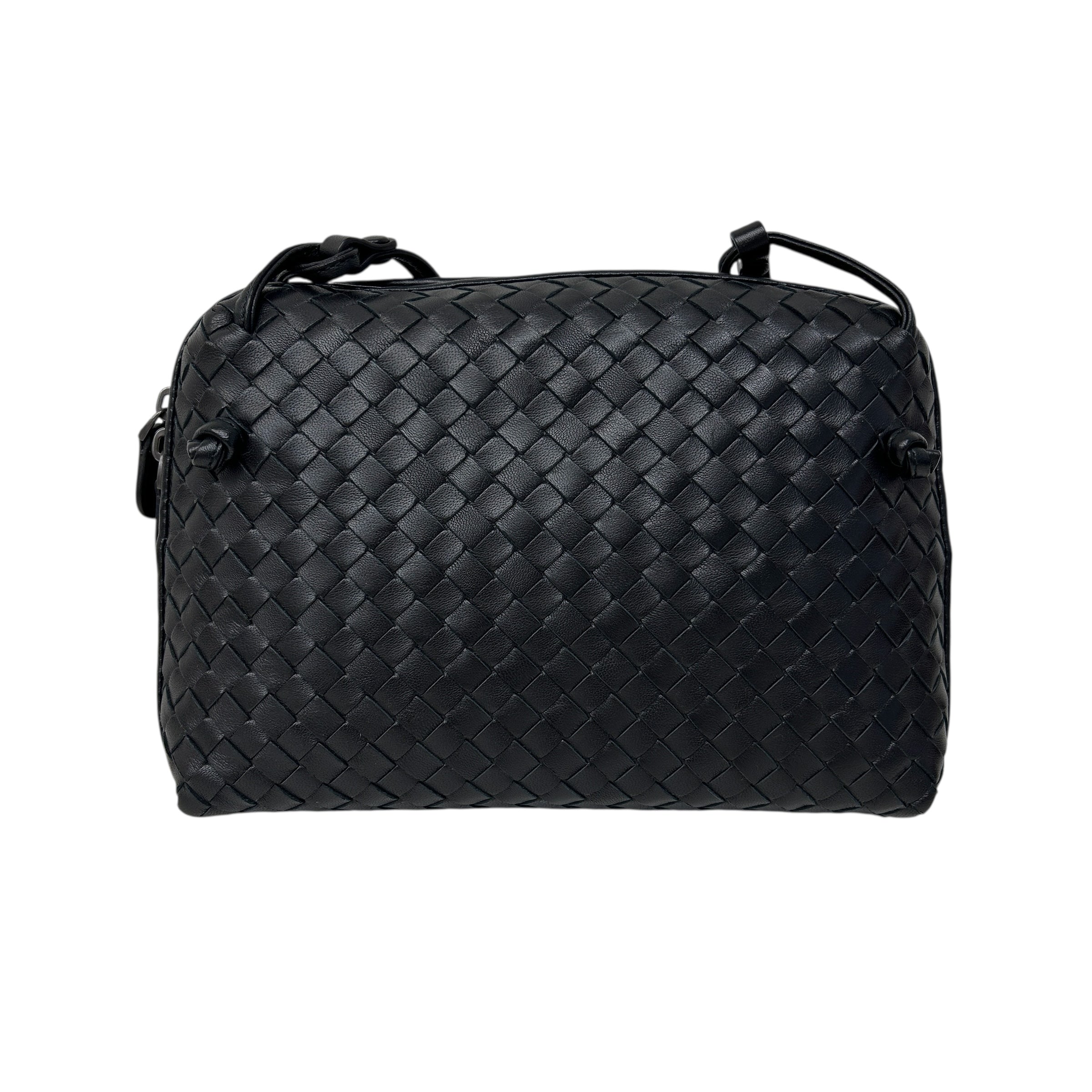 Black Intrecciato Woven Nappa Leather Nodini Crossbody Bag w/Gunmetal HW